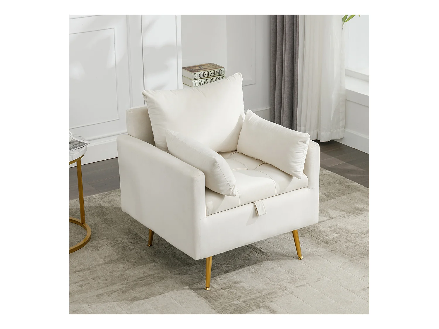 Fauteuil Canapé Chaise avec espace de rangement pieds en métal doré en velours moderne beige