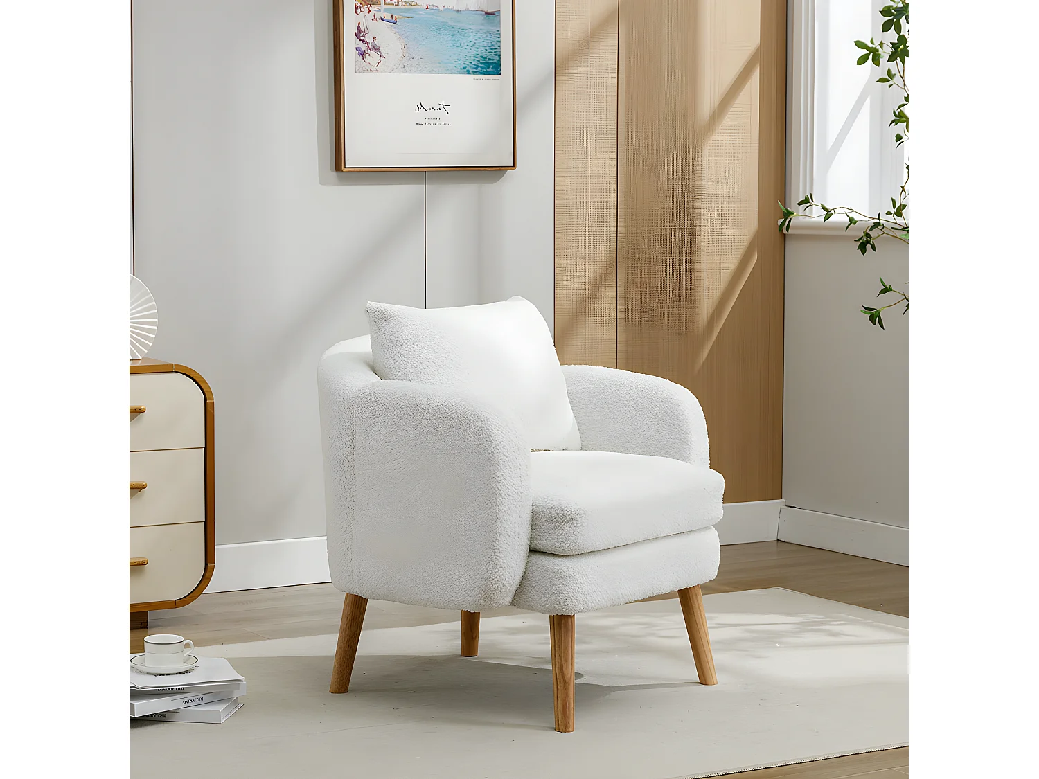 Fauteuil Canapé Fauteuil avec coussin à pieds en bois massif moderne et sobre en Teddy Tissu Blanc