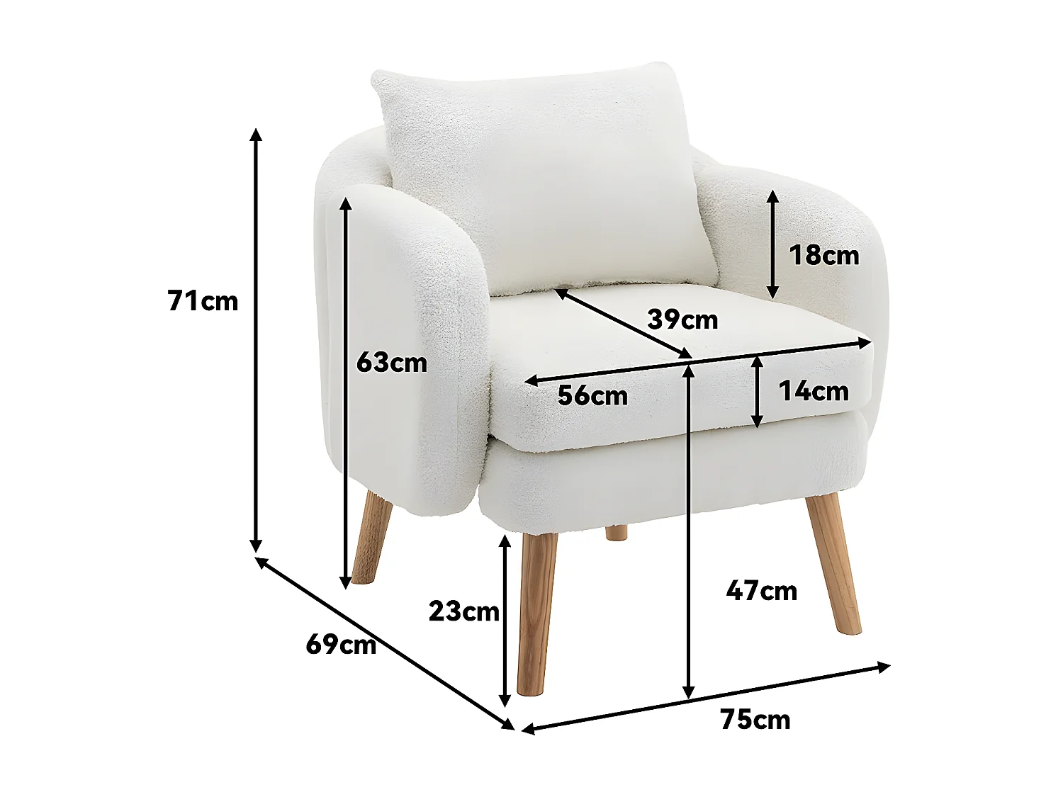Fauteuil Canapé Fauteuil avec coussin à pieds en bois massif moderne et sobre en Teddy Tissu Blanc