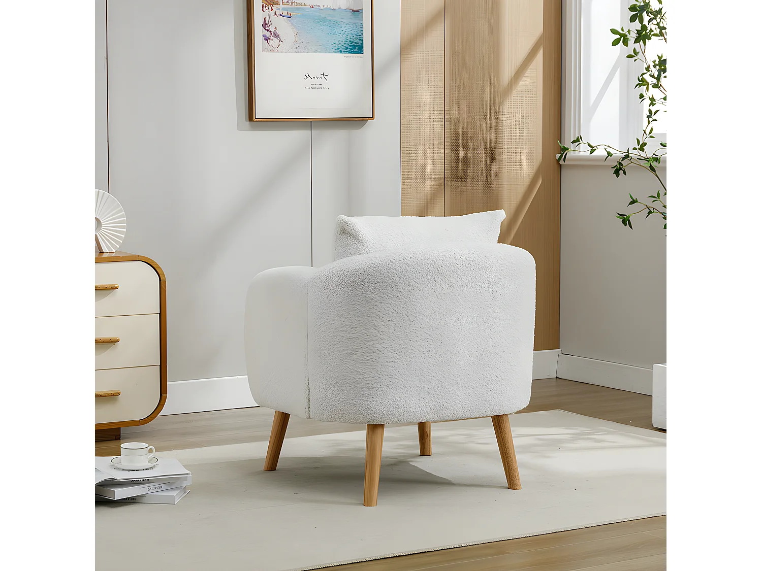 Fauteuil Canapé Fauteuil avec coussin à pieds en bois massif moderne et sobre en Teddy Tissu Blanc