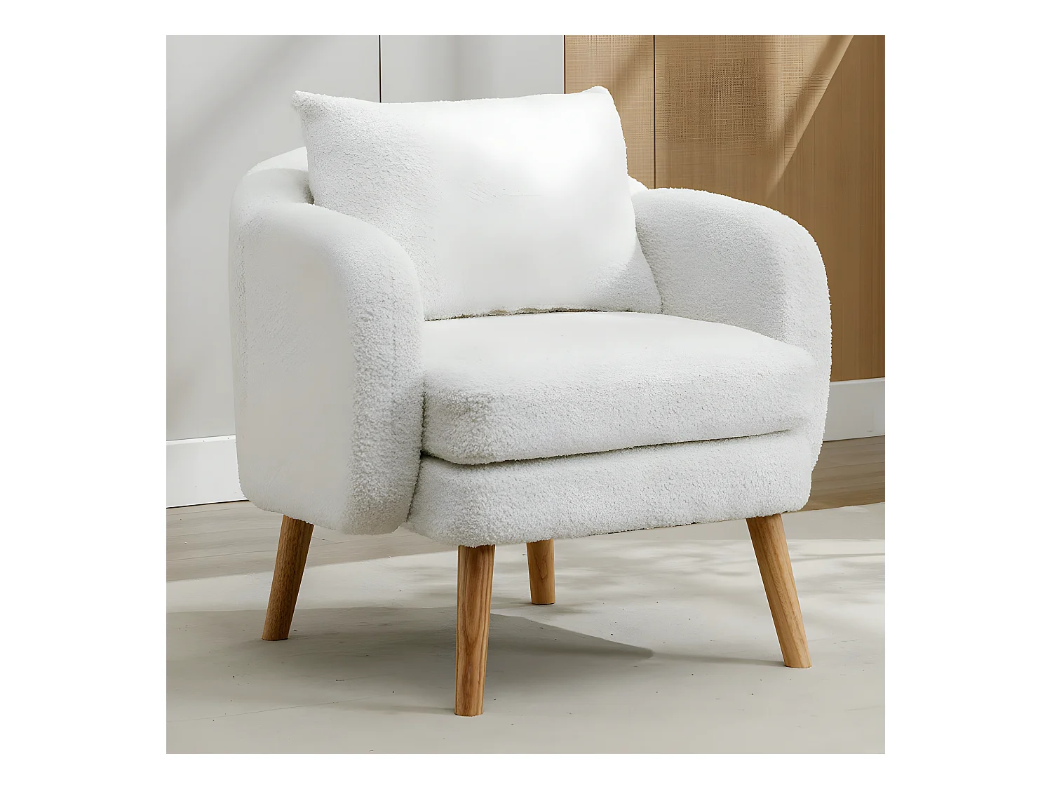 Fauteuil Canapé Fauteuil avec coussin à pieds en bois massif moderne et sobre en Teddy Tissu Blanc