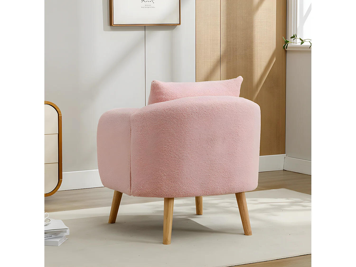 Fauteuil Canapé Fauteuil avec coussin à pieds en bois massif moderne et sobre en Teddy Tissu Rose