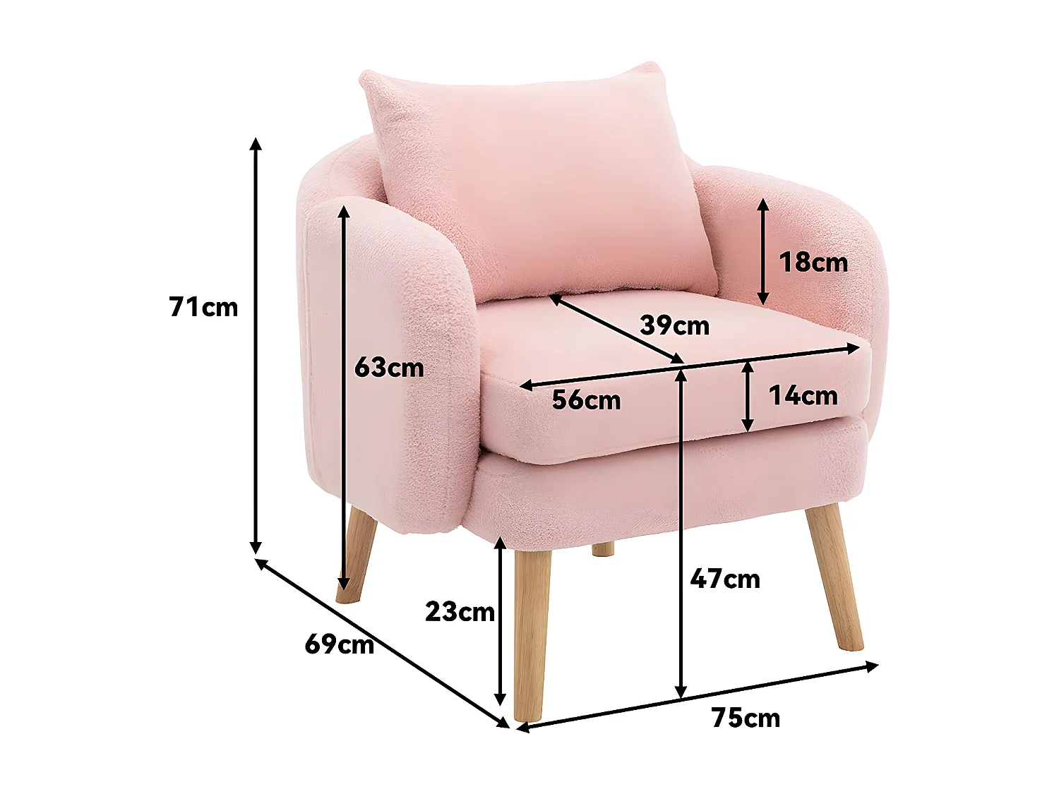 Fauteuil Canapé Fauteuil avec coussin à pieds en bois massif moderne et sobre en Teddy Tissu Rose