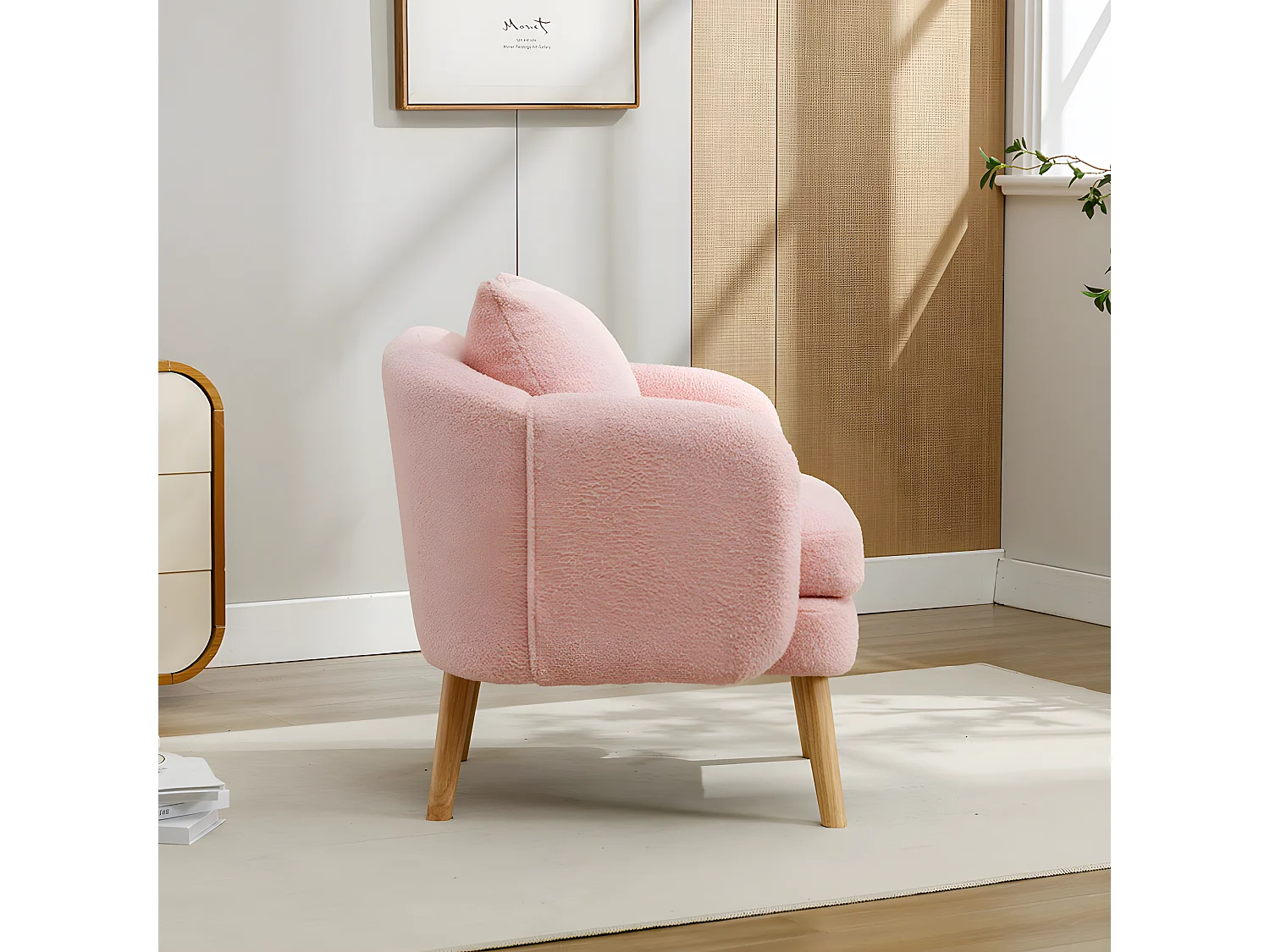 Fauteuil Canapé Fauteuil avec coussin à pieds en bois massif moderne et sobre en Teddy Tissu Rose