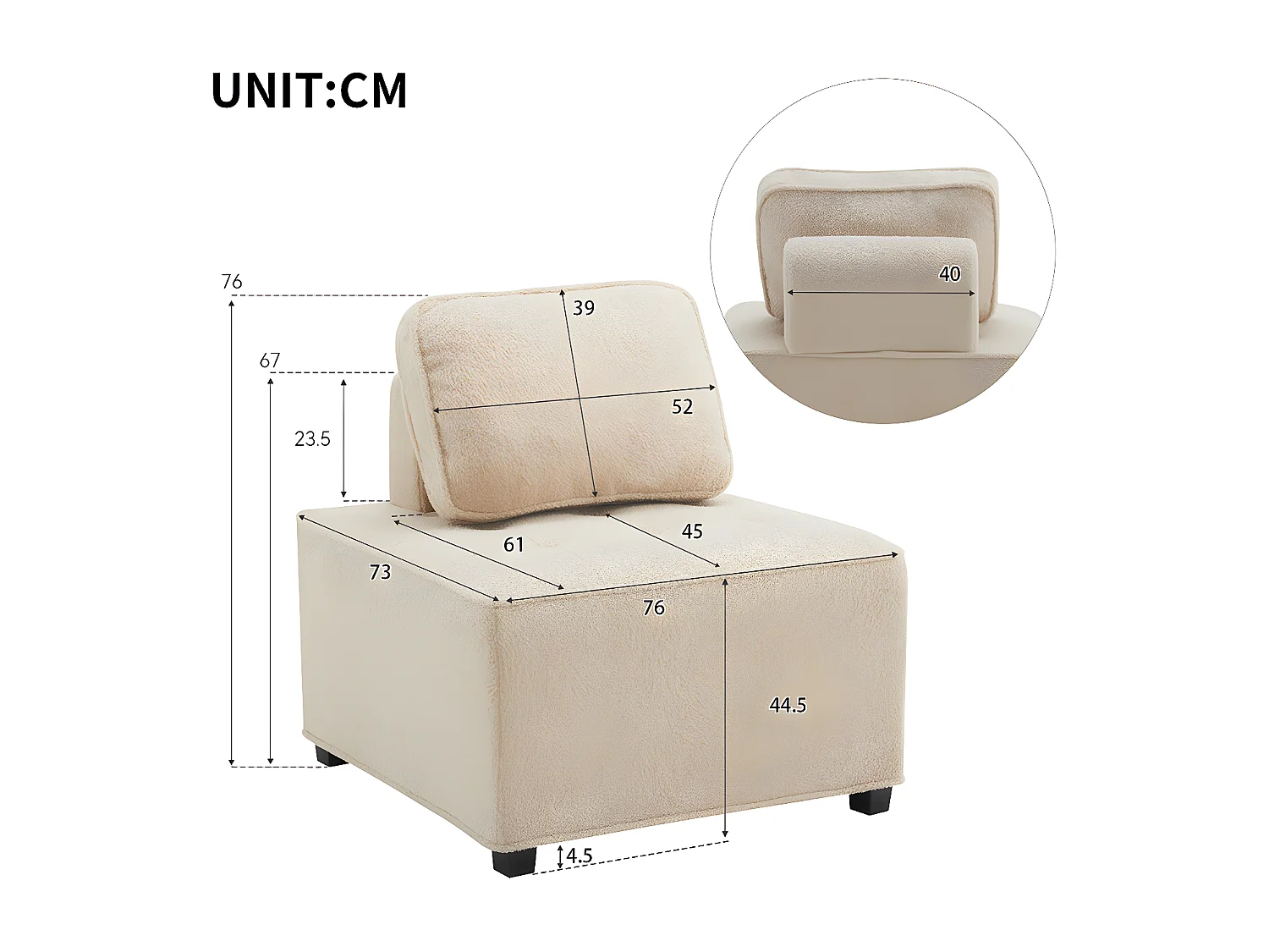 Canape droit individuel chaise sans bras canapé modulaire canapé d'angle 1 personne canapé épissé Teddy fleece Beige