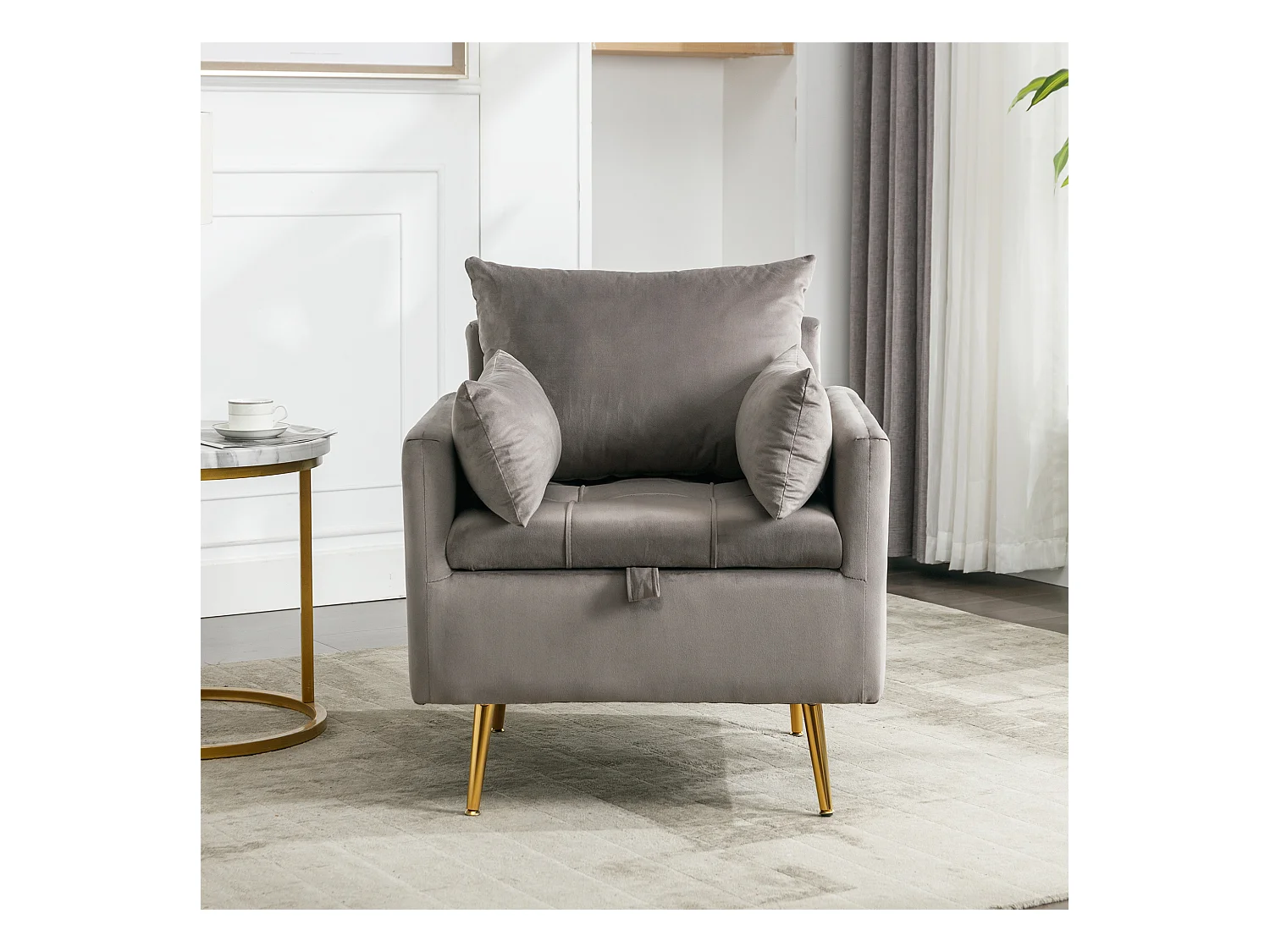 Fauteuil Canapé Chaise avec espace de rangement pieds en métal doré en velours moderne gris