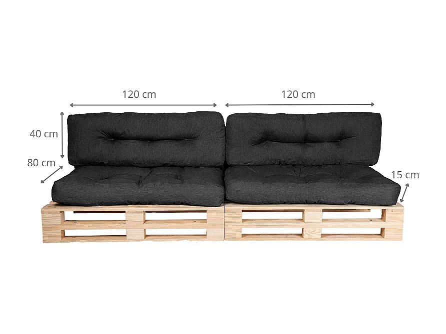 Cojines para palets lote x2 de poliéster 120x80cm/120x40cm negro