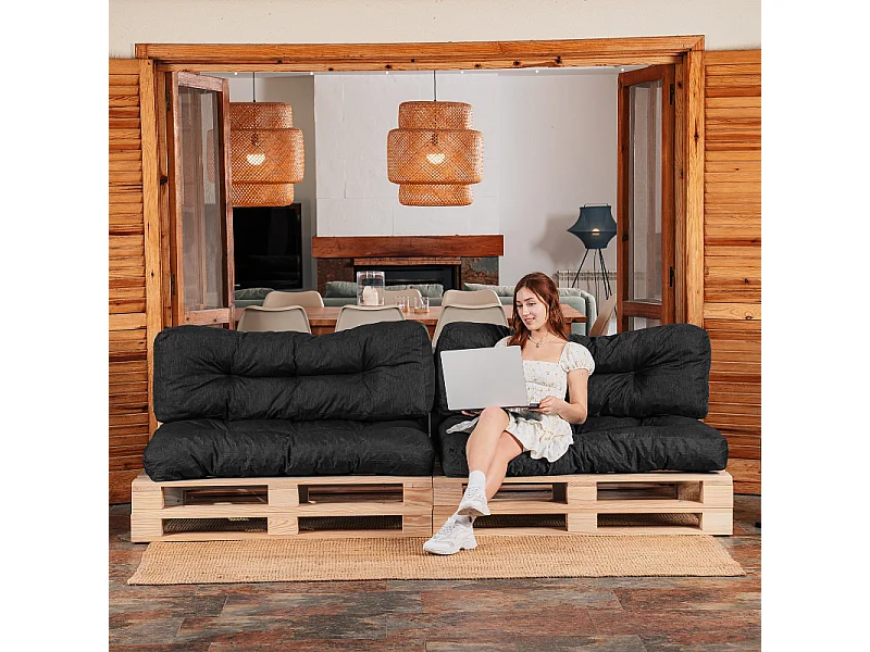 Cojines para palets lote x2 de poliéster 120x80cm/120x40cm negro