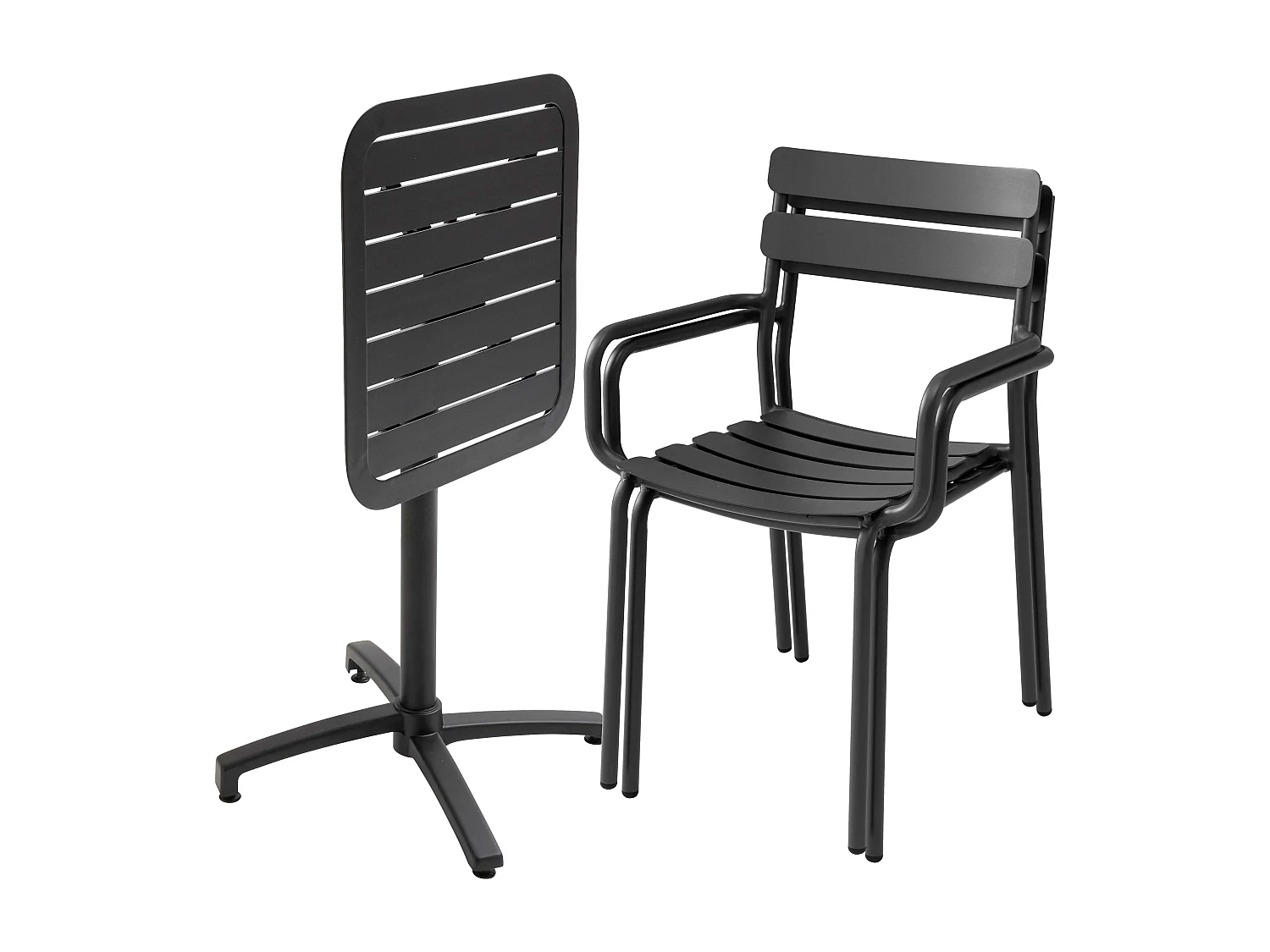 Ensemble table inclinable de terrasse 60 x 60 cm et 2 fauteuils noir