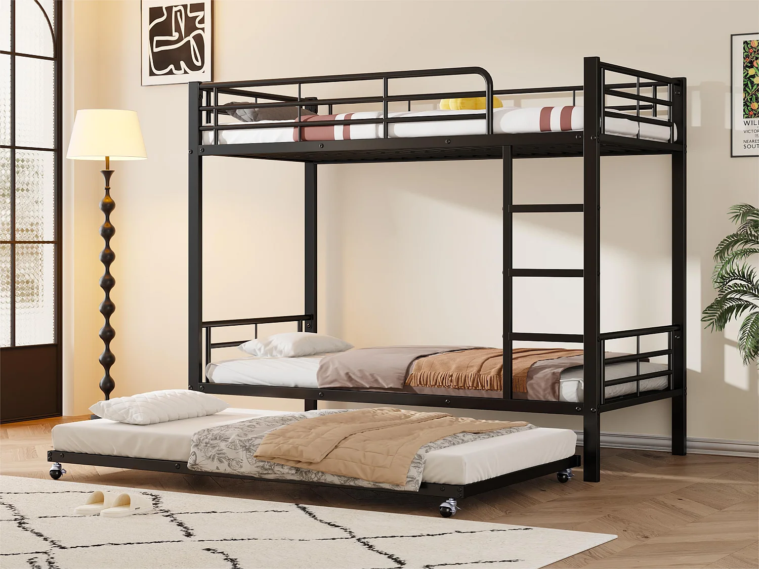 Letto a castello in ferro battuto 90x200 cm - con letto estraibile 90x190 cm - Nero