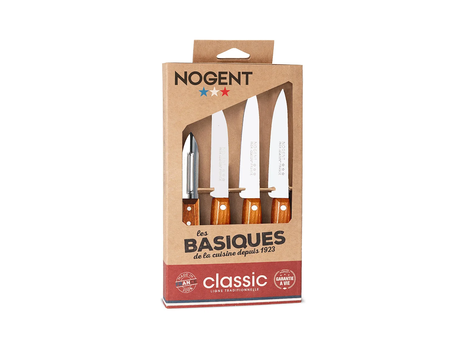 Nogent 3 Etoiles Coffret de 3 couteaux et un éplucheur cerisier des bois - 00096v