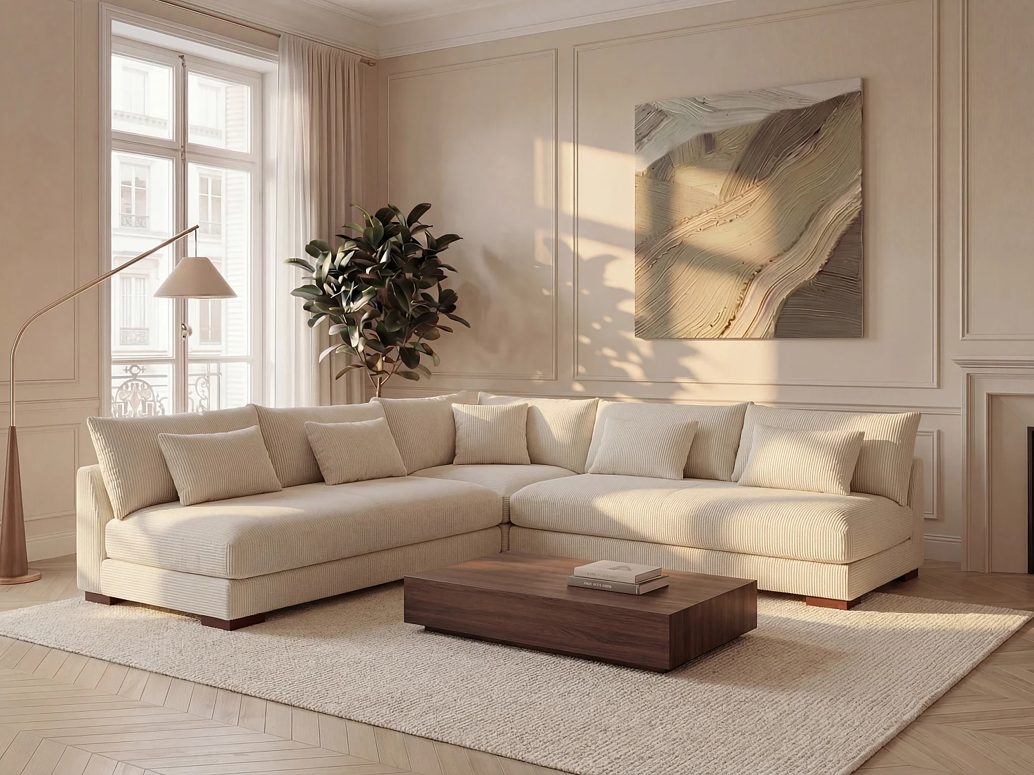 Reversible corner sofa in beige corduroy velvet SPERONE