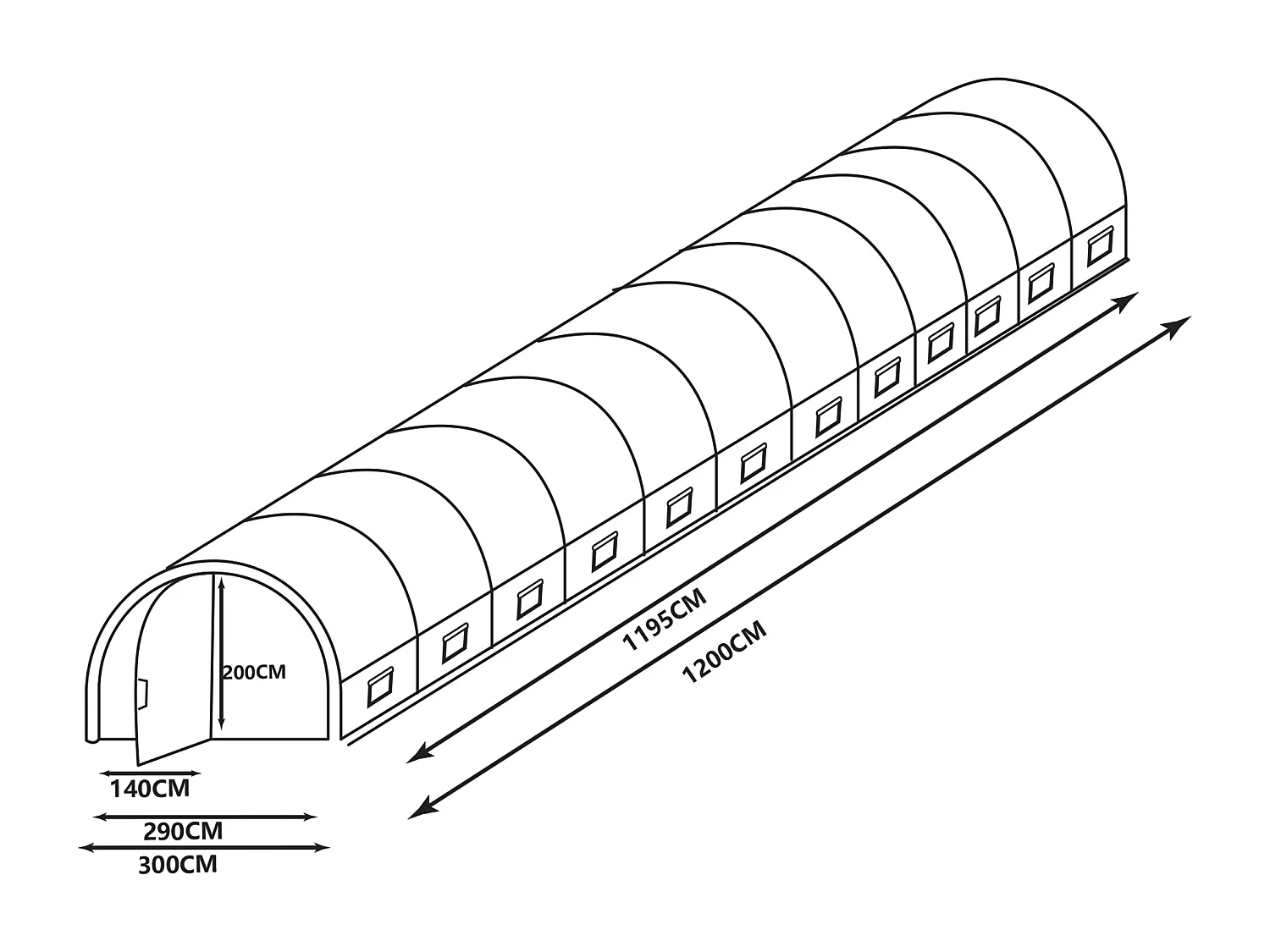 Foliengewächshaus mit verzinktem Stahlrahmen & Tür - 36 m² - 300 x 1200 x 200 cm - Weiß - ALOCASIA
