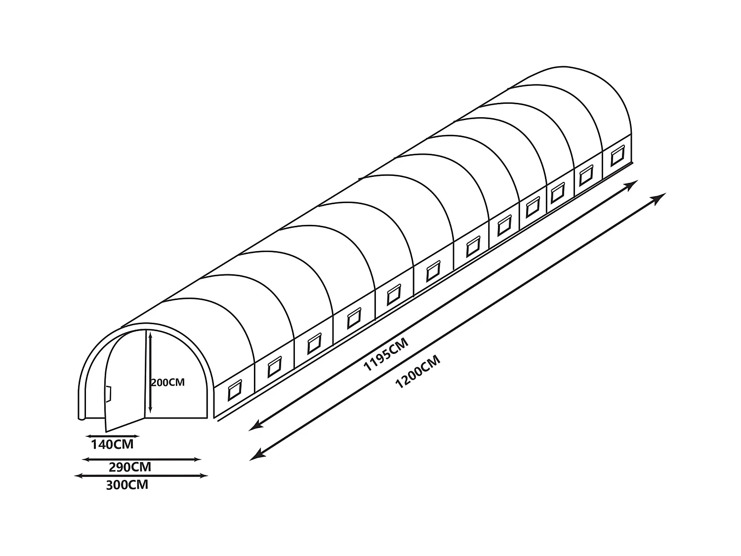 Serre tunnel avec structure en acier galvanisé et porte 36 m² - L300 x l1200 x H200 cm - Blanc - ALOCASIA