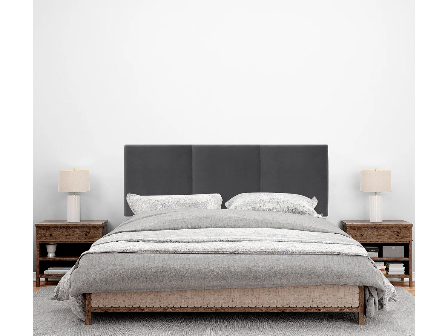 DHOME Kopfteil aus glattem Samt mit drei Paneelen 150x105cm Mit Beinen Betten 150 - Dunkelgrau