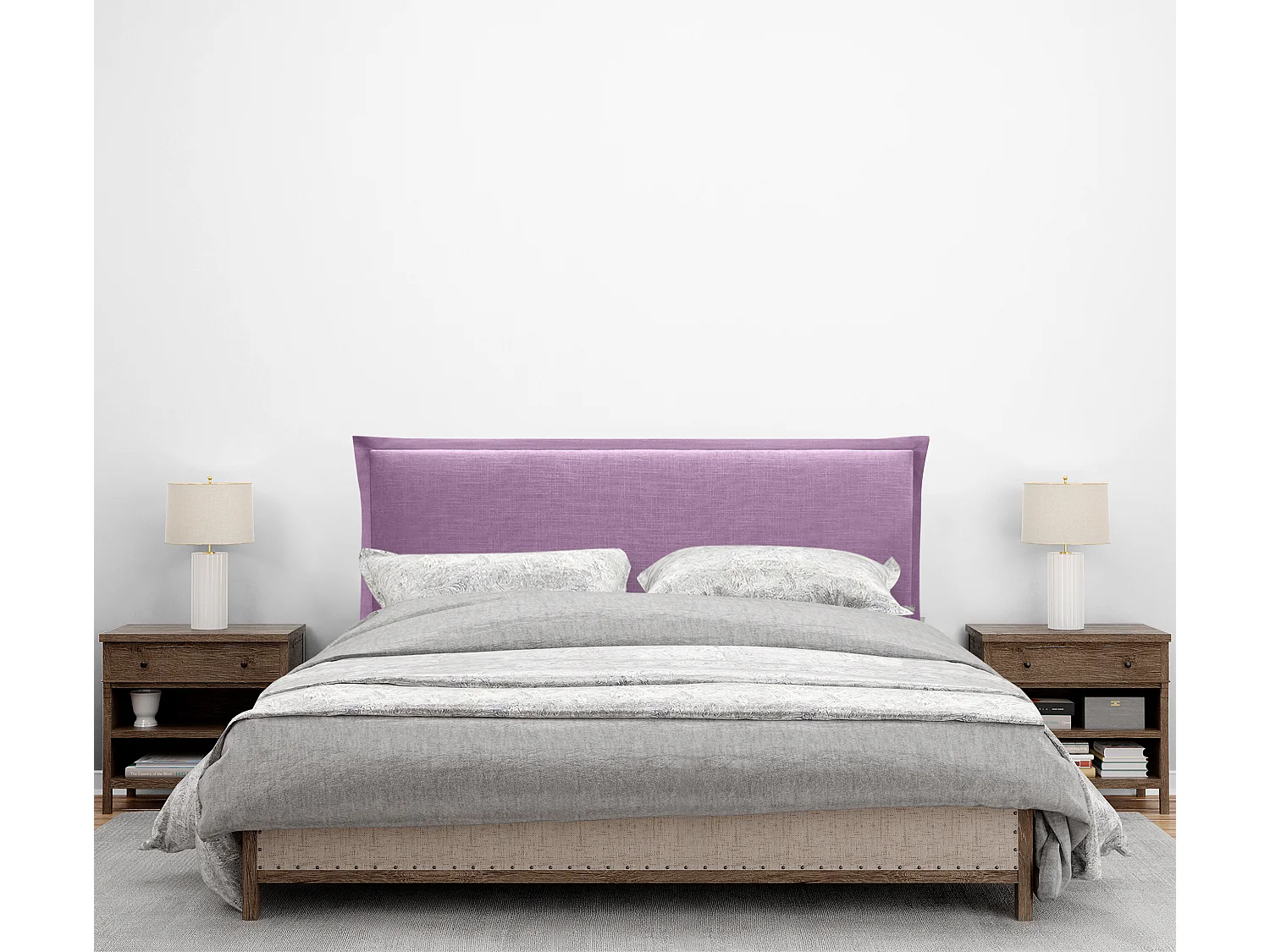 DHOME Tête de lit en lin naturel uni avec passepoils 145x105cm avec Pieds Lits 135/140 - Lilas