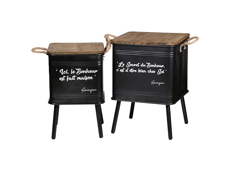 Set van 2 zwarte metalen tafels in industriële stijl met touwgreep. Collectie HAPPINESS