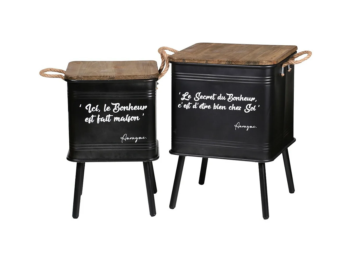 Juego de 2 mesas negras de metal estilo industrial con asa de cuerda. Colección HAPPINESS