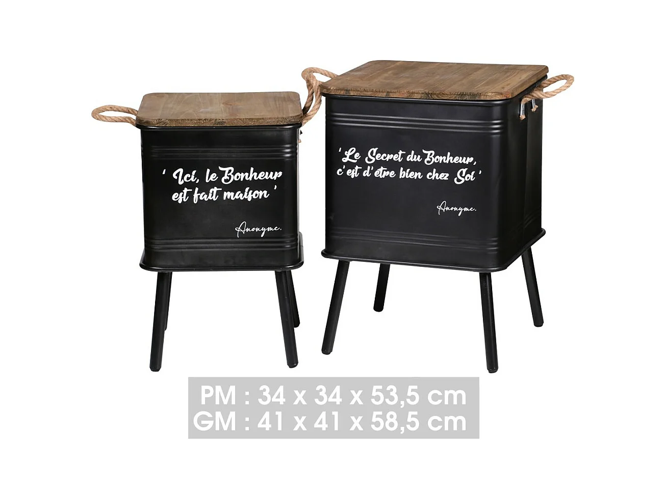 Set van 2 zwarte metalen tafels in industriële stijl met touwgreep. Collectie HAPPINESS