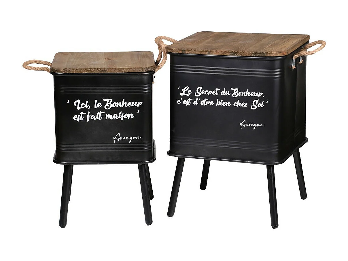 Set van 2 zwarte metalen tafels in industriële stijl met touwgreep. Collectie HAPPINESS