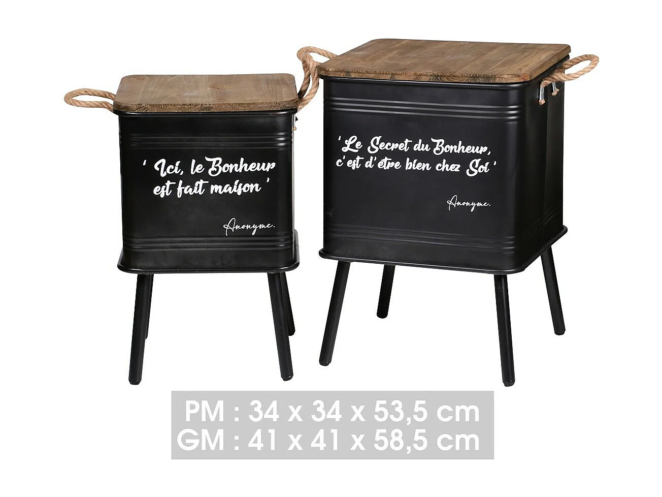 Set van 2 zwarte metalen tafels in industriële stijl met touwgreep. Collectie HAPPINESS