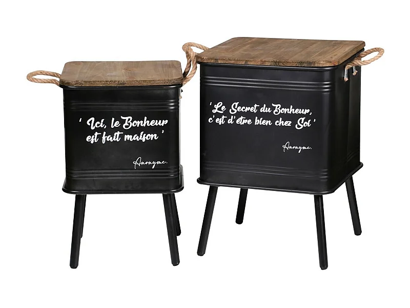 Set van 2 zwarte metalen tafels in industriële stijl met touwgreep. Collectie HAPPINESS