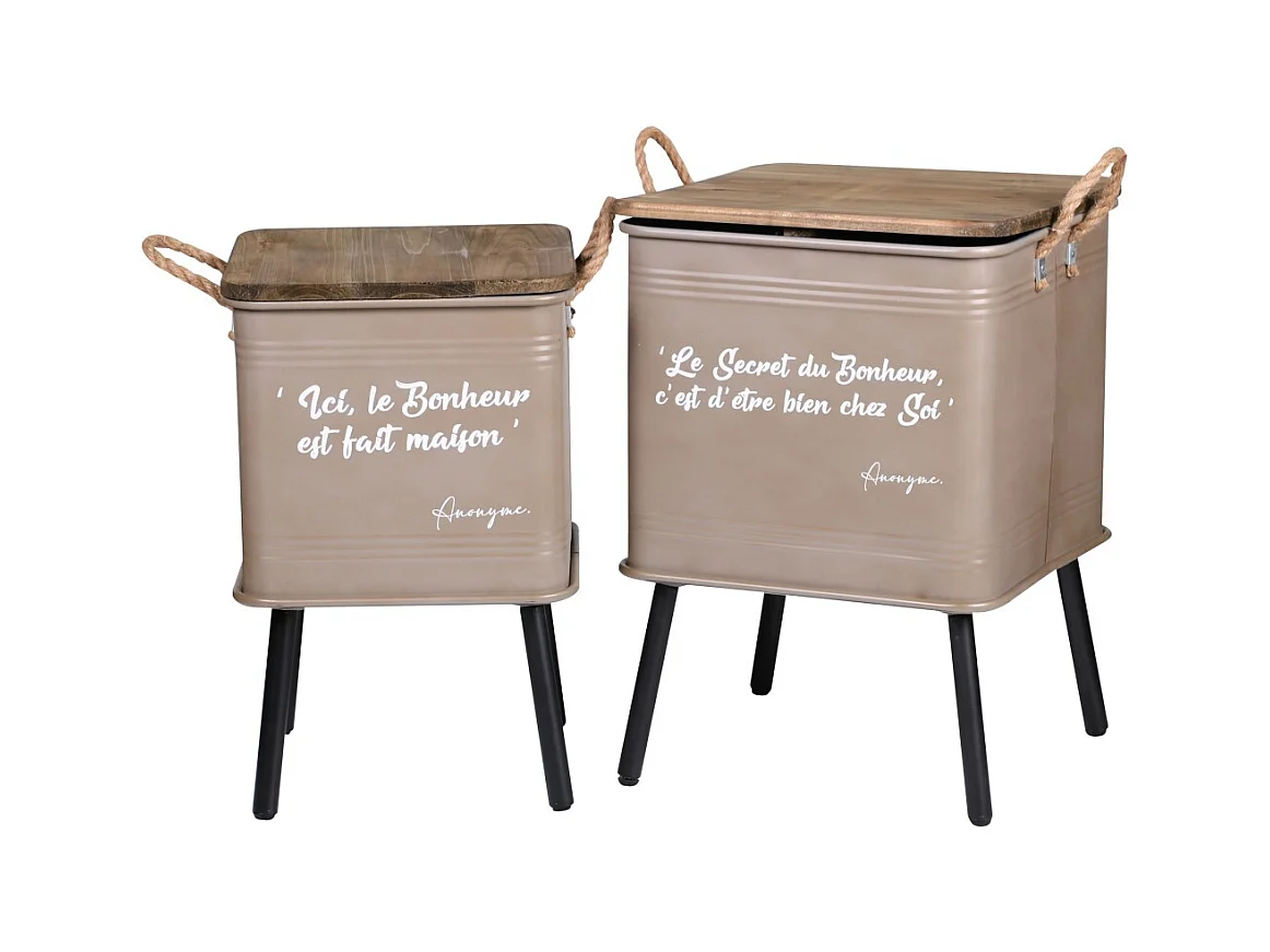 Ensemble de 2 tables beiges en métal style industriel avec anse en corde. Collection HAPPINESS