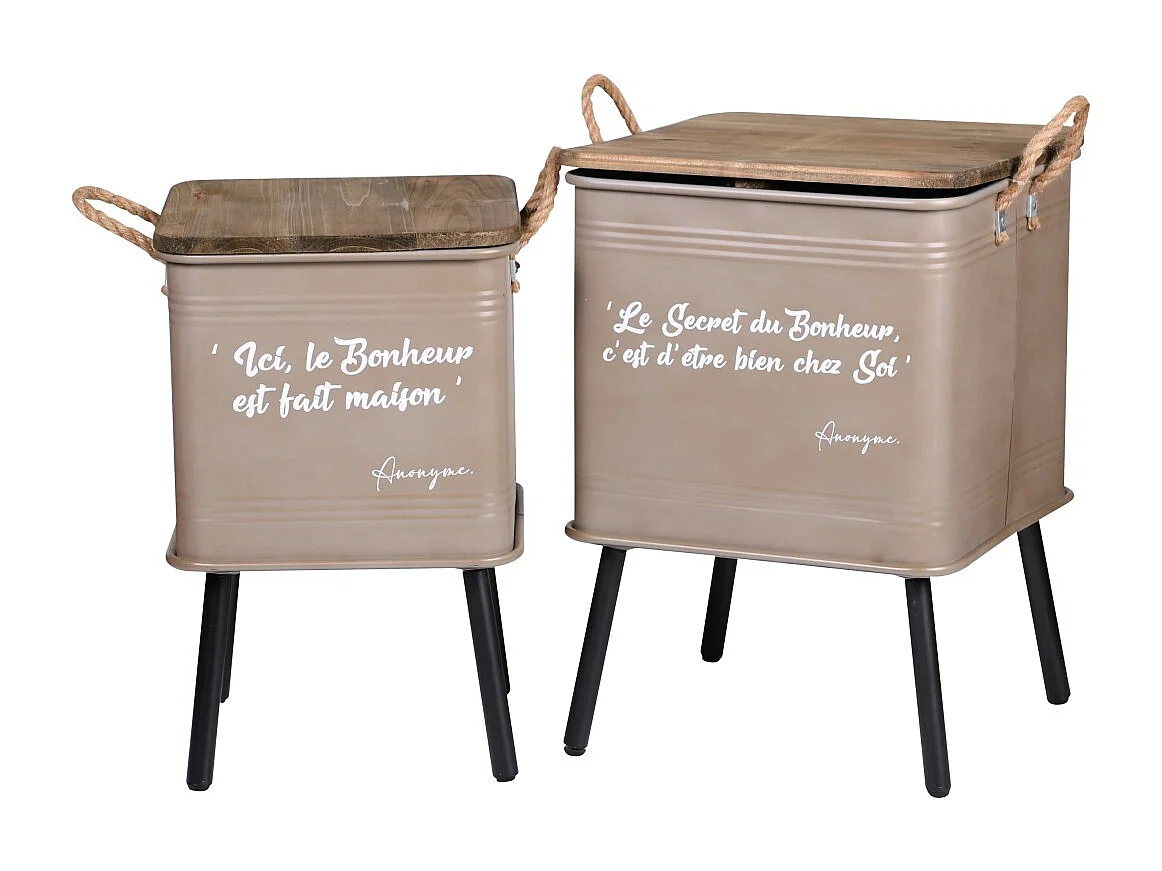 Ensemble de 2 tables beiges en métal style industriel avec anse en corde. Collection HAPPINESS