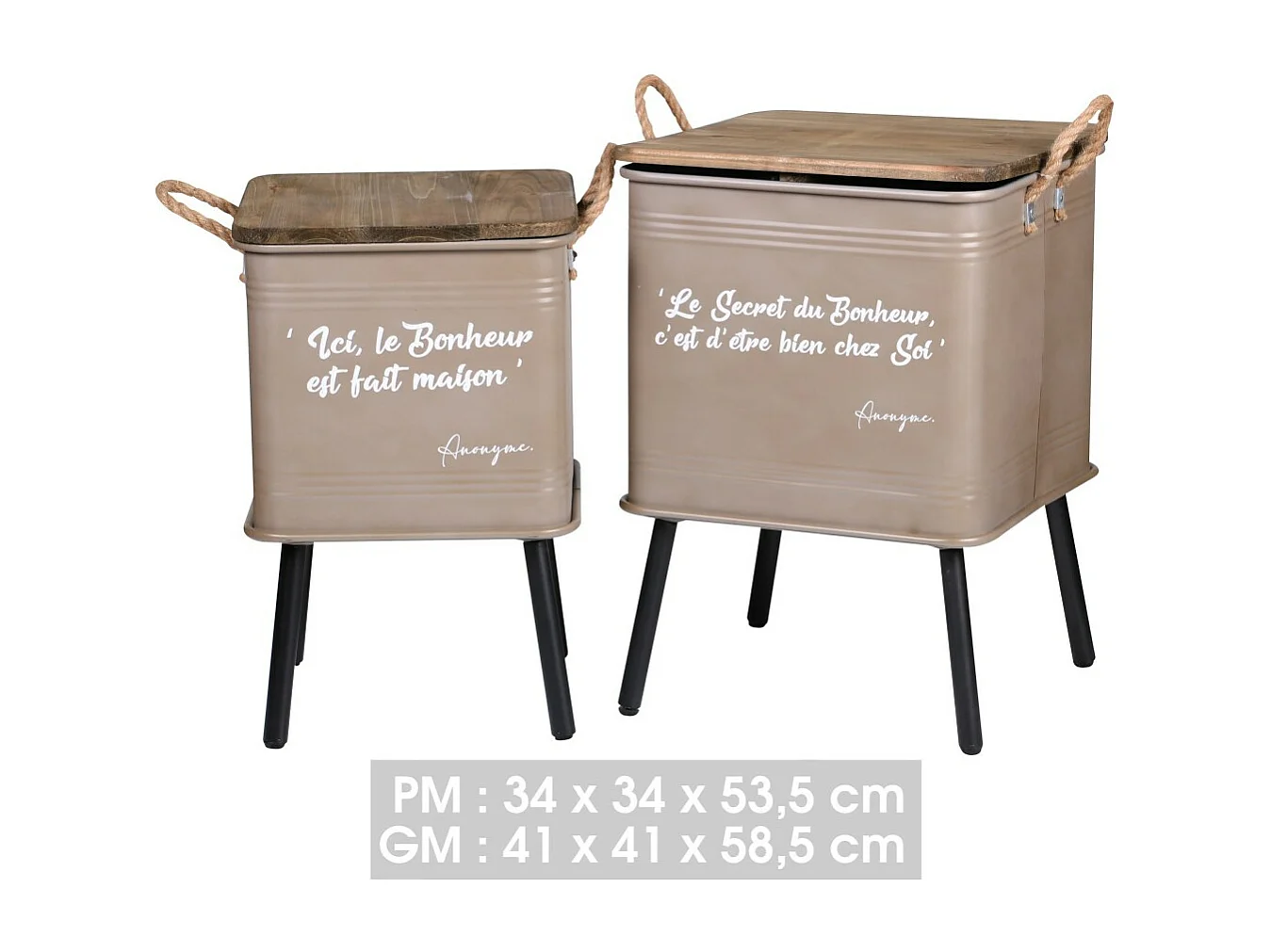 Ensemble de 2 tables beiges en métal style industriel avec anse en corde. Collection HAPPINESS