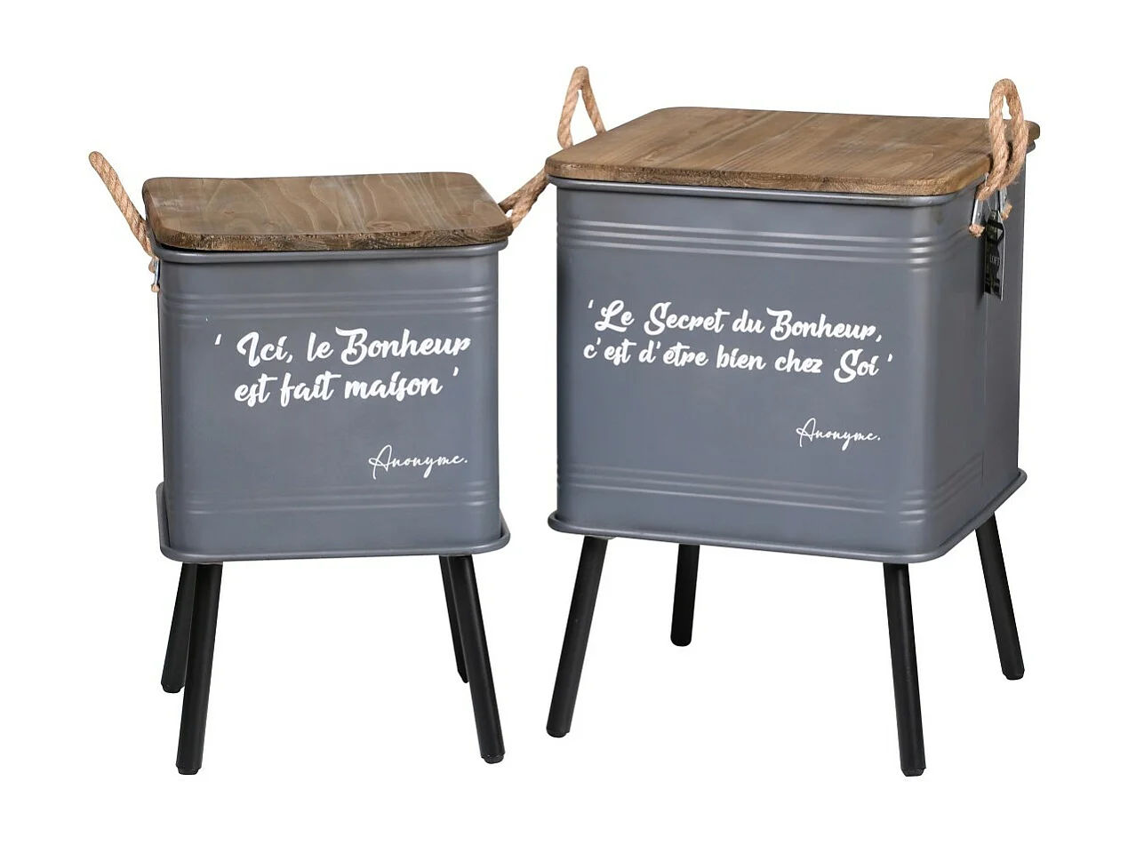 Set van 2 grijze industriële stijl metalen tafels met een handvat van touw. Collectie HAPPINESS