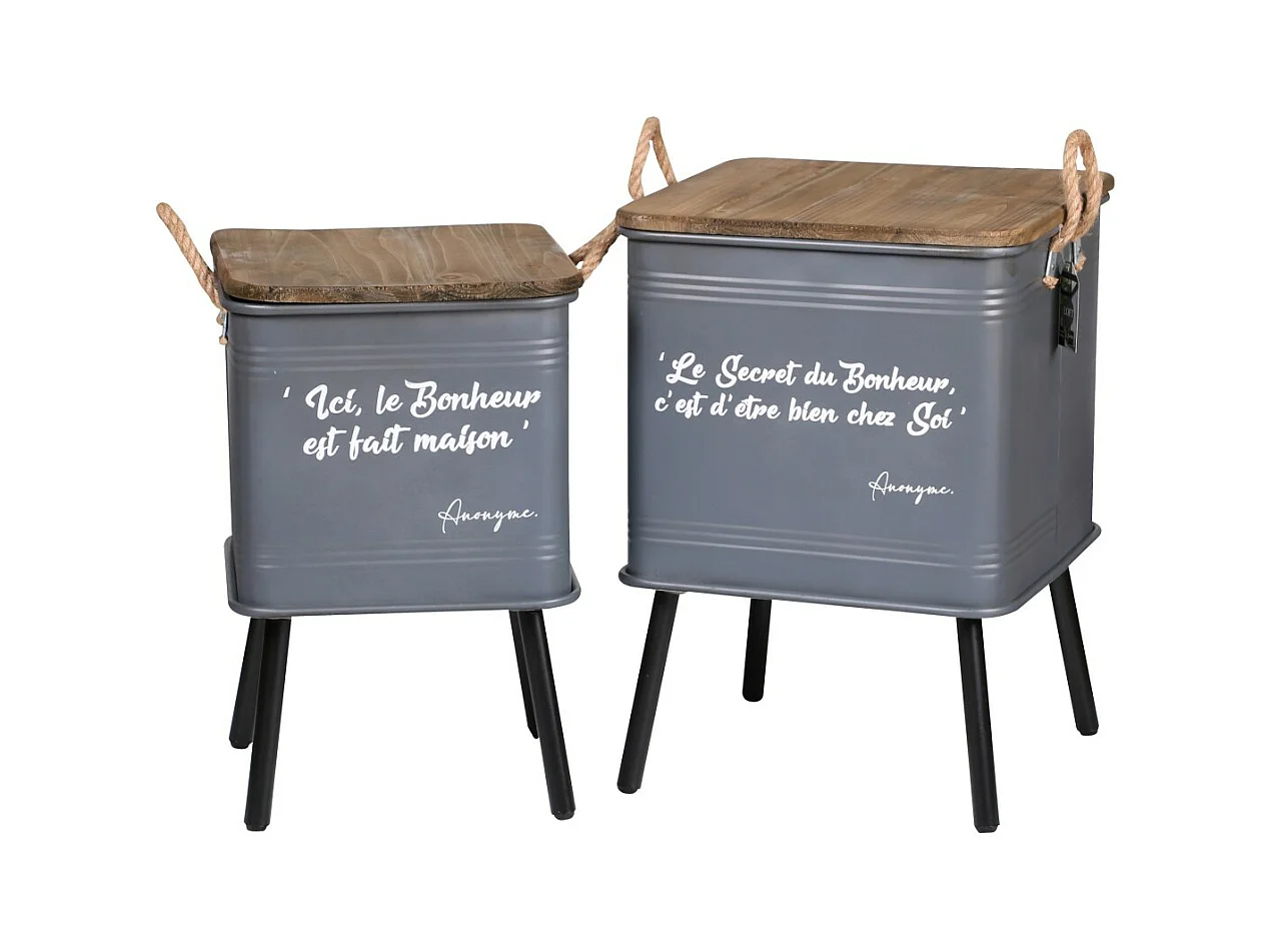 Ensemble de 2 tables grises en métal style industriel avec anse en corde. Collection HAPPINESS