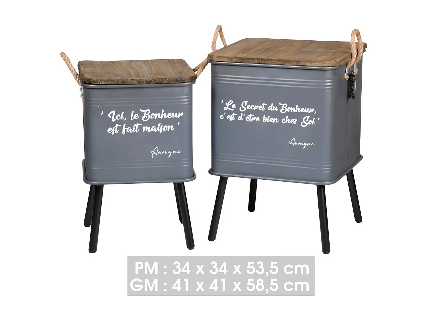 Ensemble de 2 tables grises en métal style industriel avec anse en corde. Collection HAPPINESS