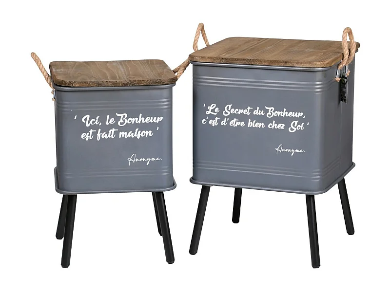 Ensemble de 2 tables grises en métal style industriel avec anse en corde. Collection HAPPINESS