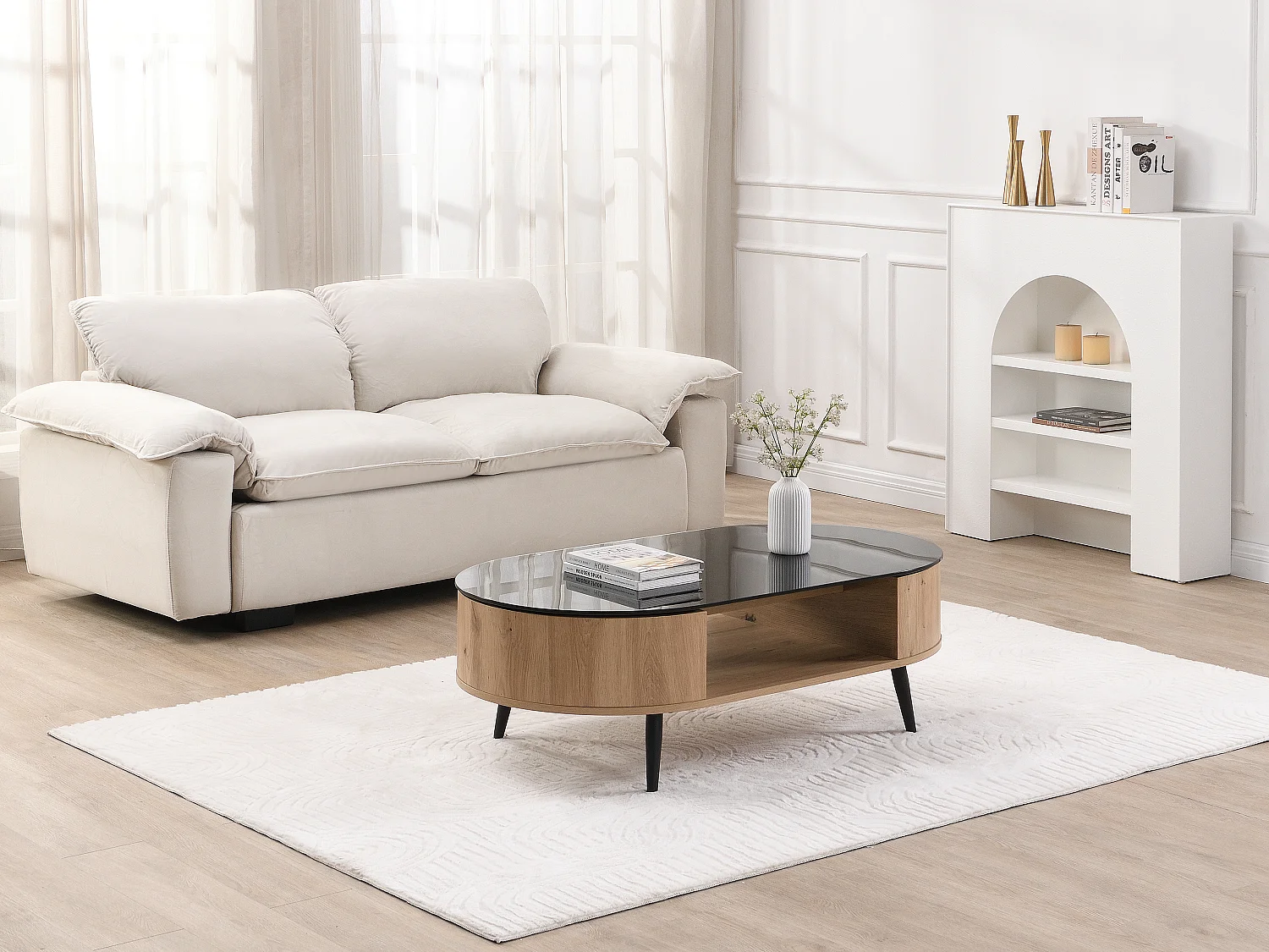 Table basse avec plateau pivotant et 3 niches en MDF et verre trempé - Naturel et noir - YONISMA