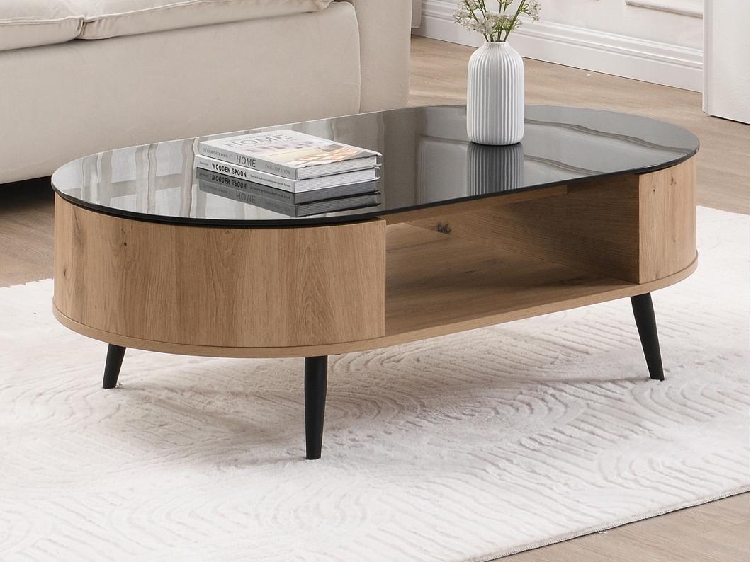 Table basse avec plateau pivotant et 3 niches en MDF et verre trempé - Naturel et noir - YONISMA