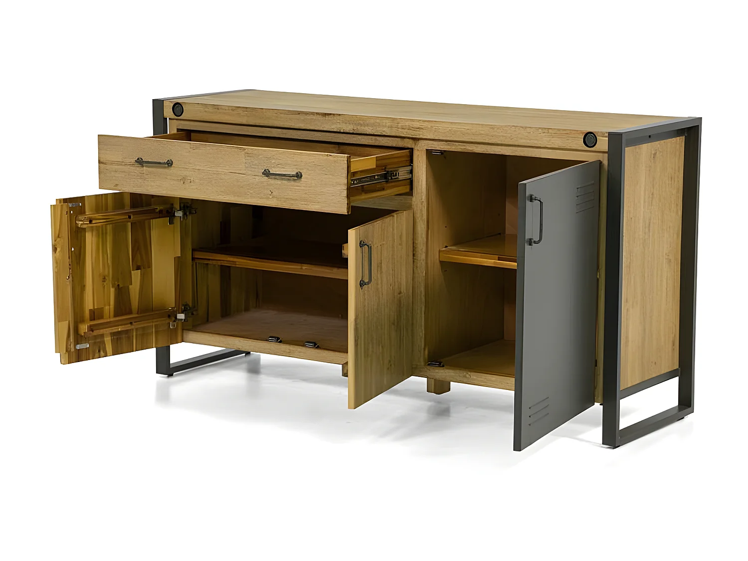 Kiko buffet en bois d'Acacia - 3 Portes - 1 Tiroir - Porte en métal noir - Style Industriel - L150