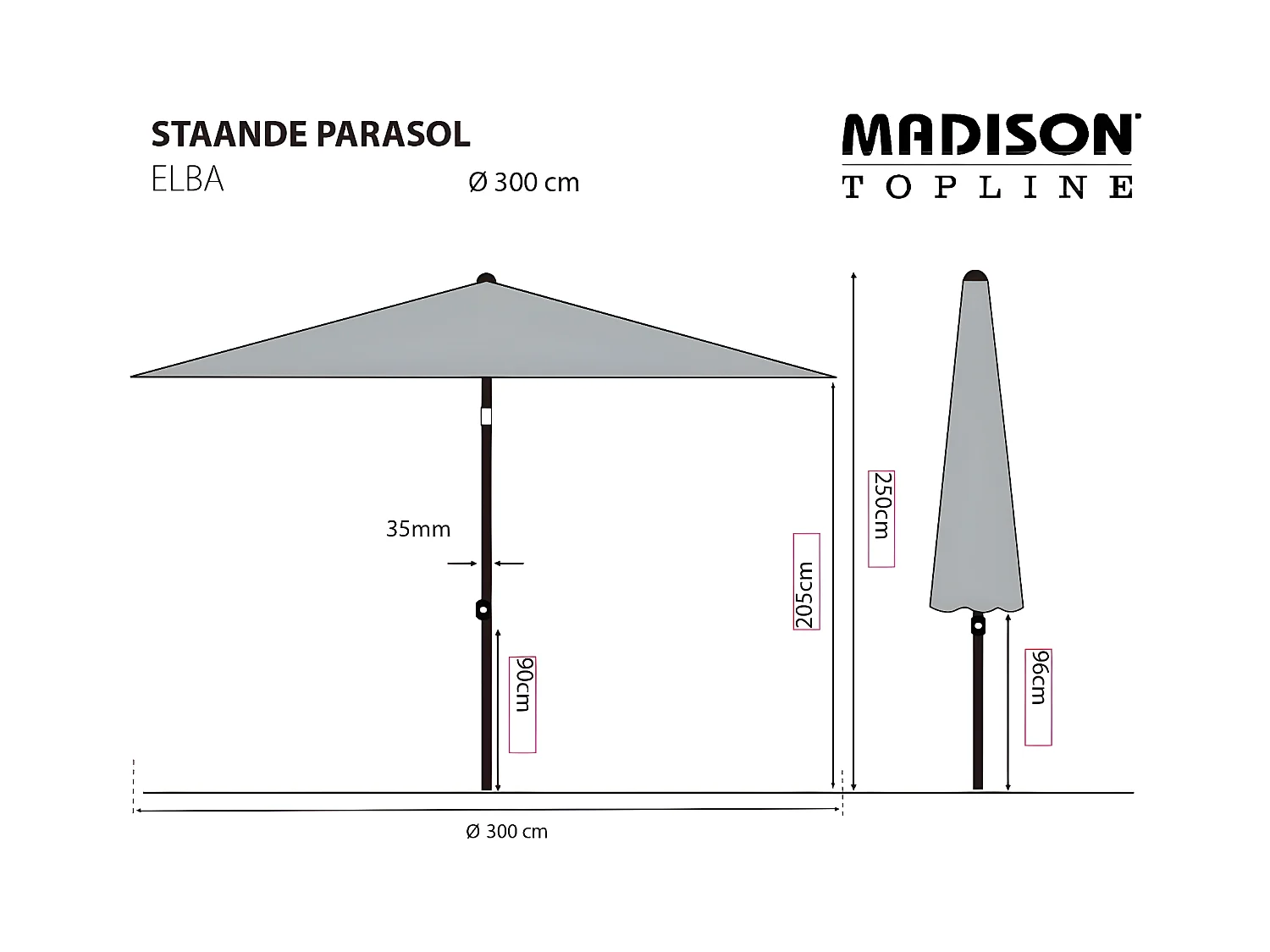 Parasol Elba 300 cm gris