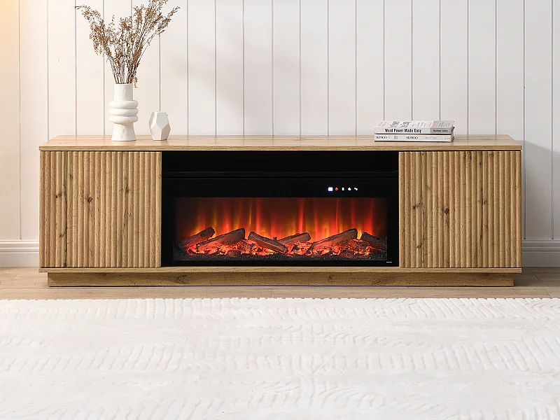 Tv-meubel met 2 deuren van mdf met schoorsteeneffect met ledverlichting - Naturel en zwart - YEVINA