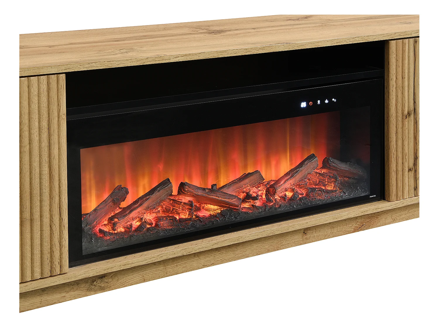 Meuble TV 2 portes en MDF avec effet cheminée à LEDs - Naturel et Noir - YEVINA