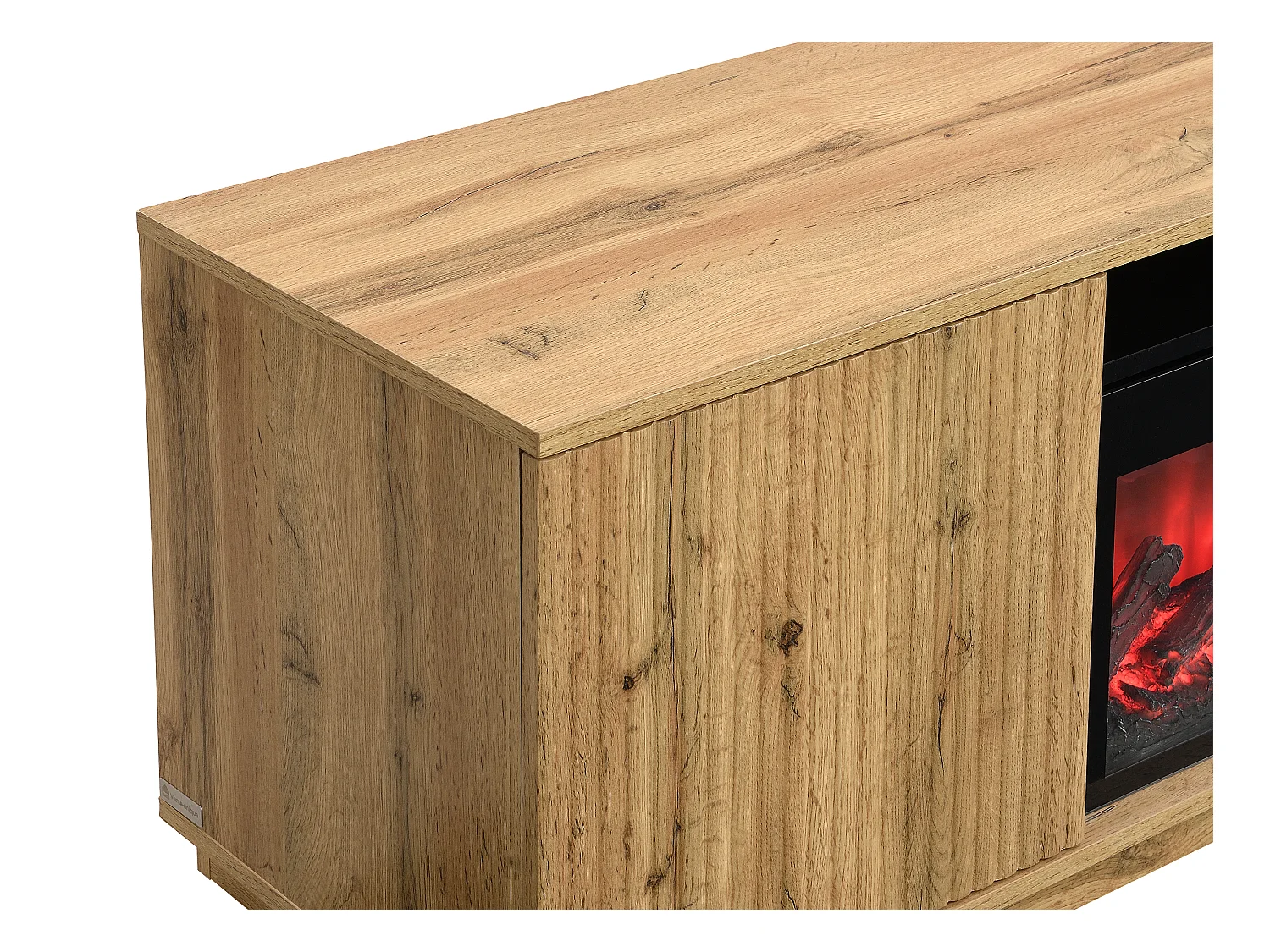 Meuble TV 2 portes en MDF avec effet cheminée à LEDs - Naturel et Noir - YEVINA