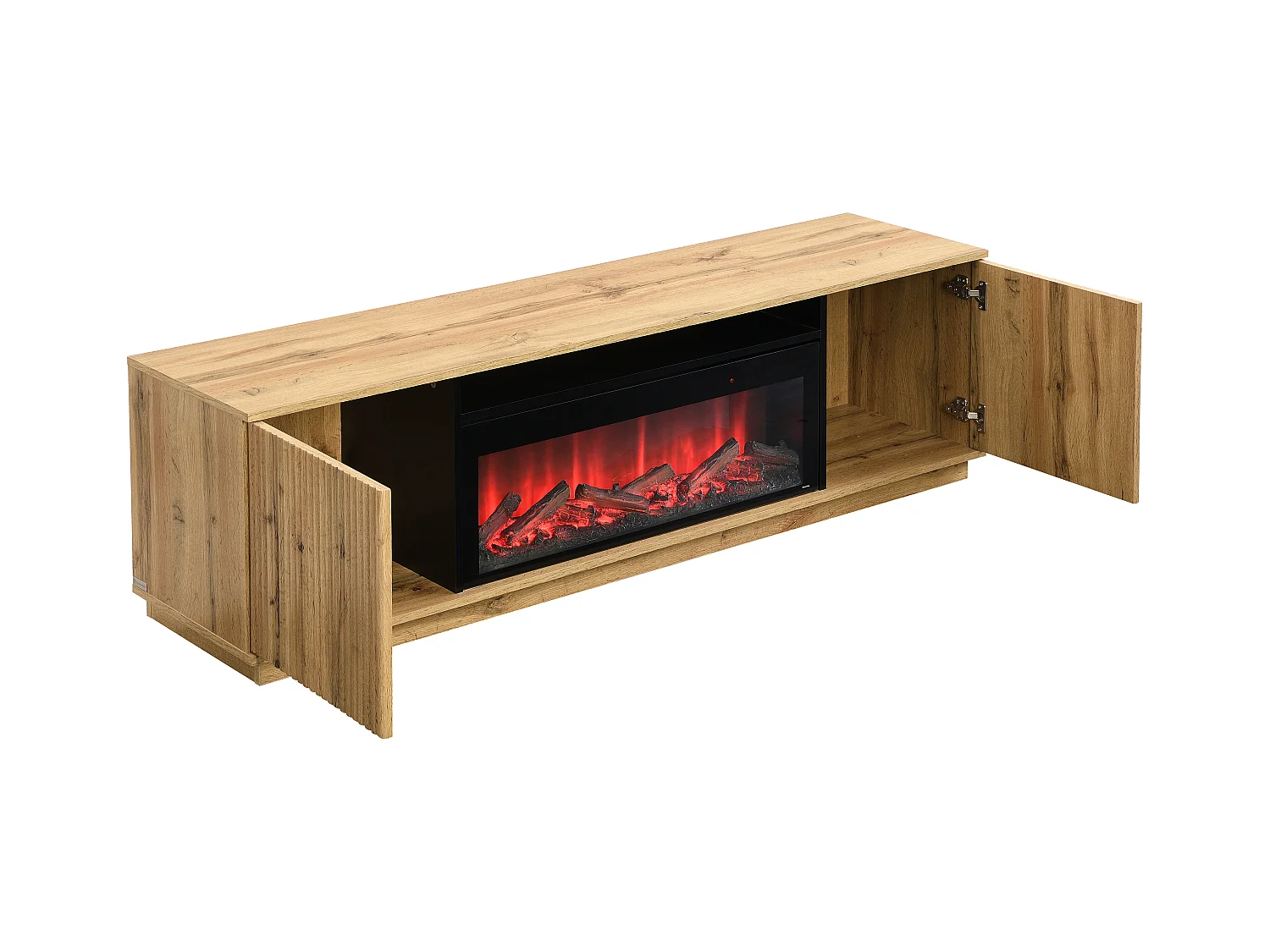 Meuble TV 2 portes en MDF avec effet cheminée à LEDs - Naturel et Noir - YEVINA