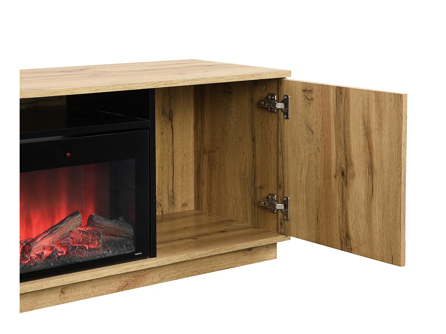 Meuble TV 2 portes en MDF avec effet cheminée à LEDs - Naturel et Noir - YEVINA