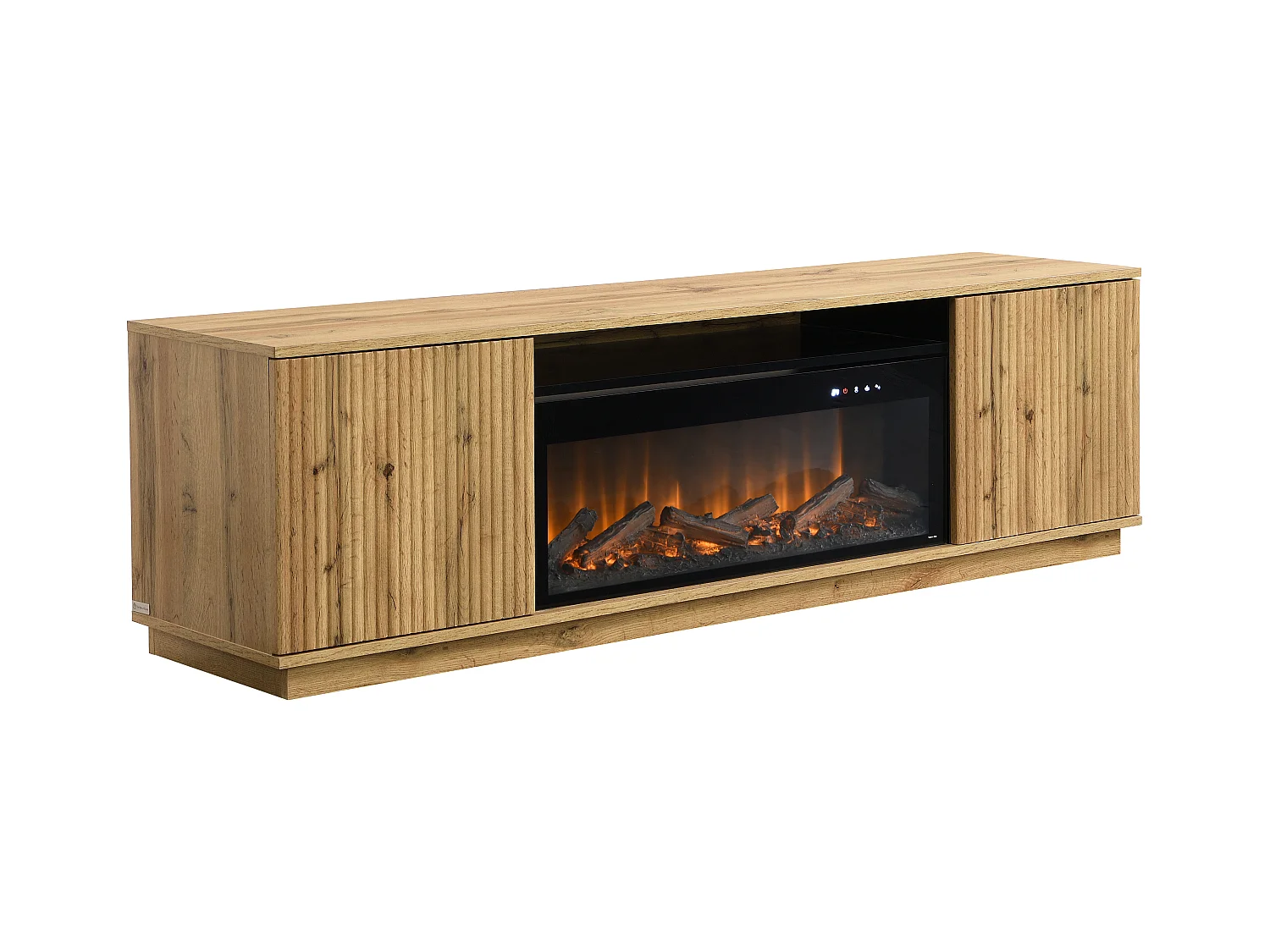 Meuble TV 2 portes en MDF avec effet cheminée à LEDs - Naturel et Noir - YEVINA