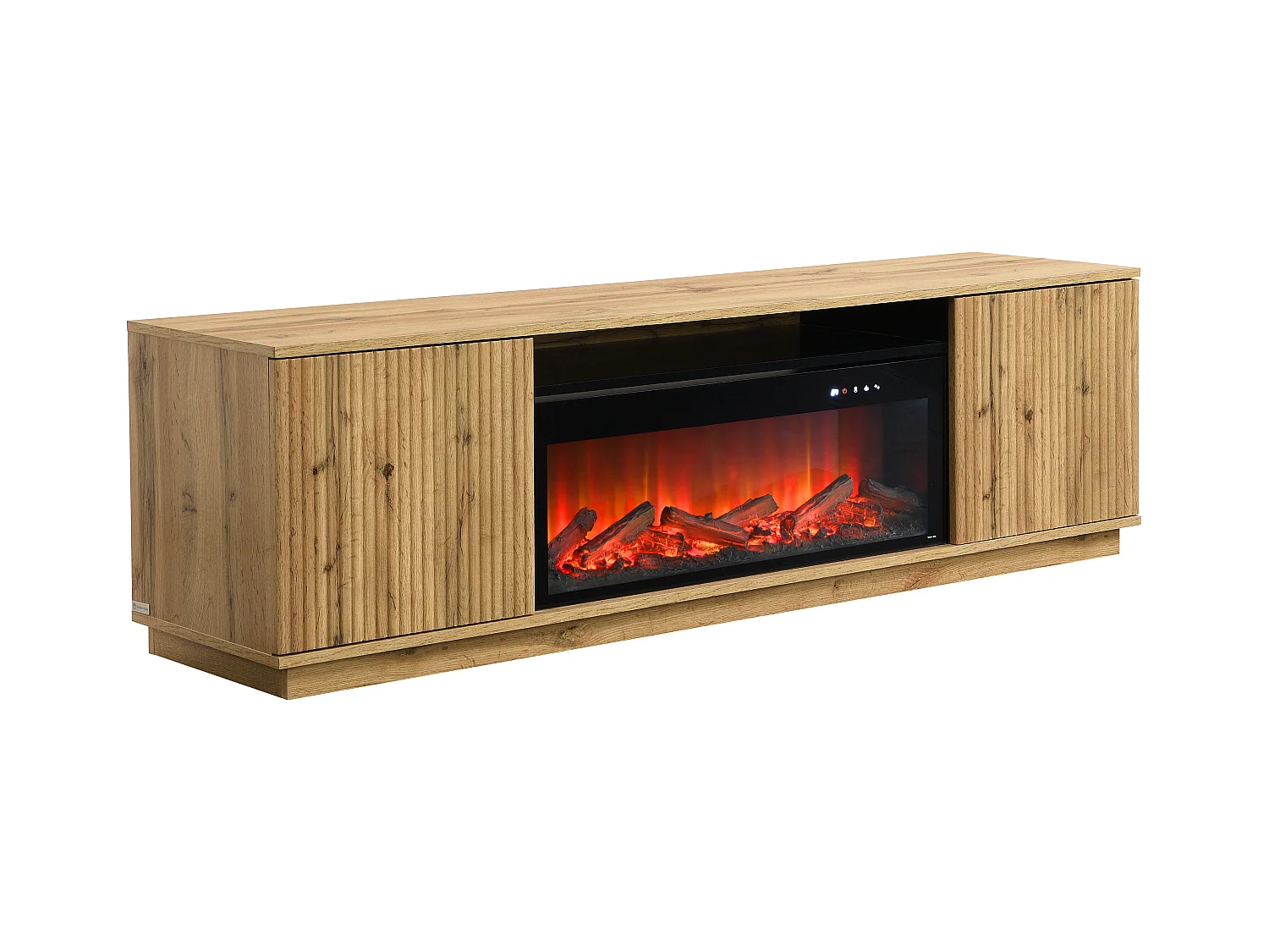 Meuble TV 2 portes en MDF avec effet cheminée à LEDs - Naturel et Noir - YEVINA