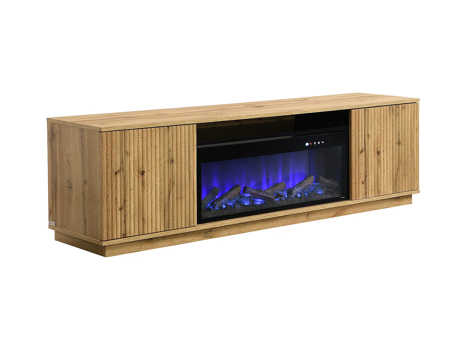 Meuble TV 2 portes en MDF avec effet cheminée à LEDs - Naturel et Noir - YEVINA