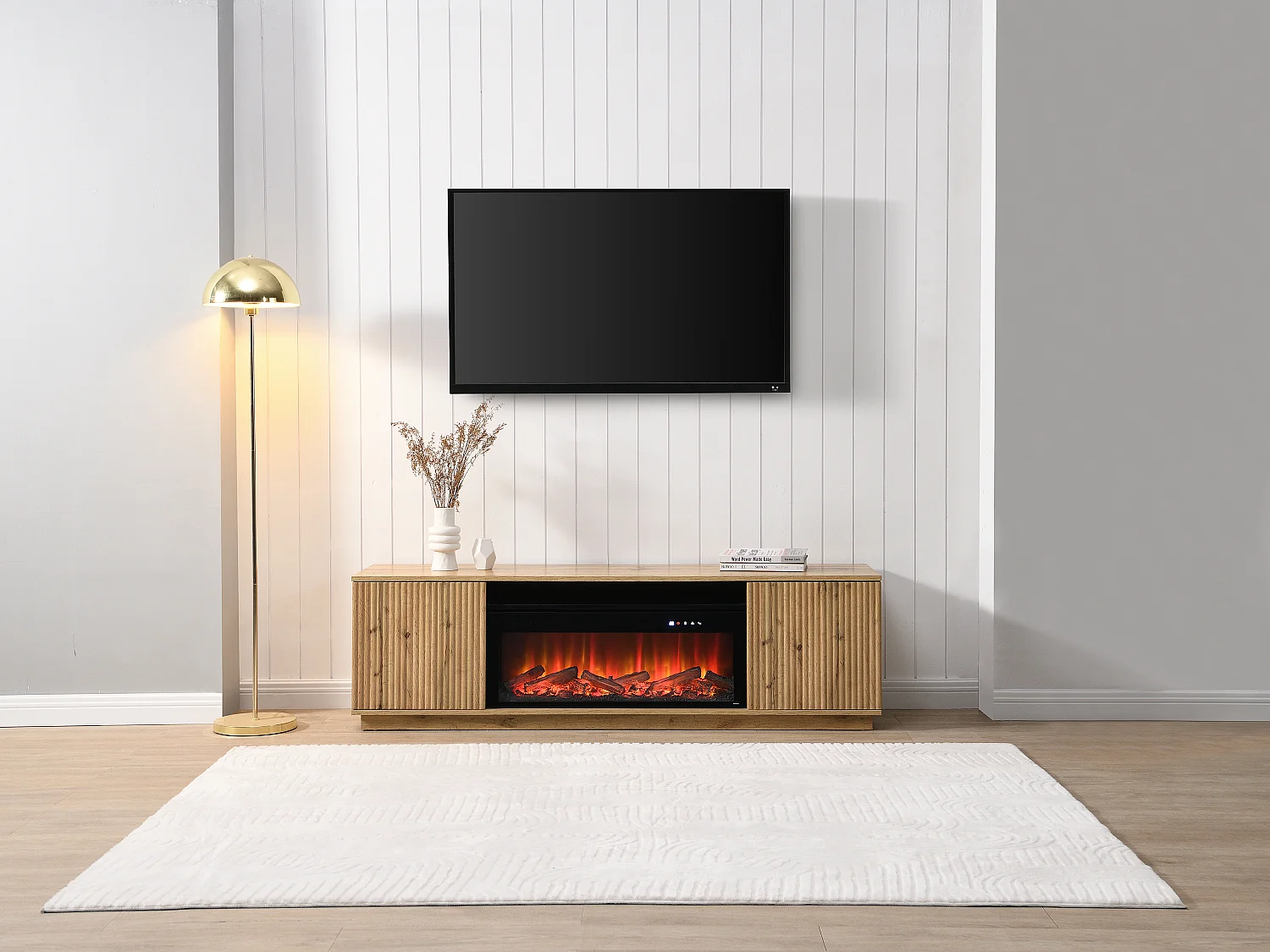 Tv-meubel met 2 deuren van mdf met schoorsteeneffect met ledverlichting - Naturel en zwart - YEVINA