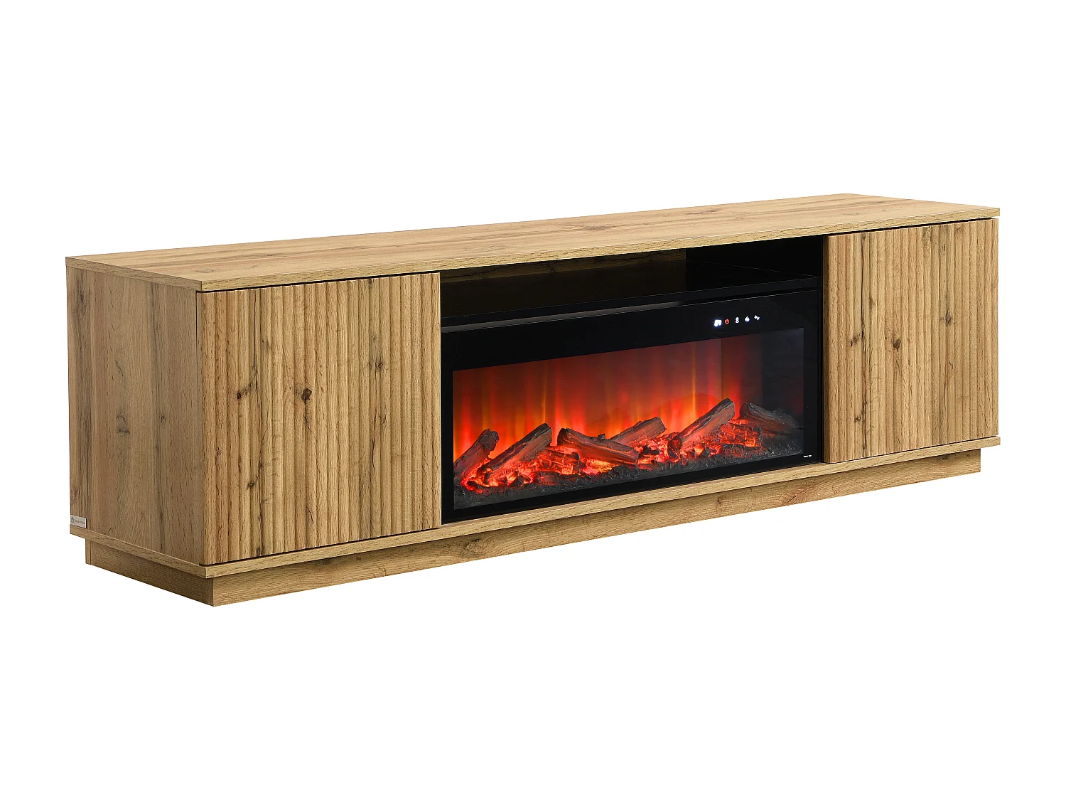 Tv-meubel met 2 deuren van mdf met schoorsteeneffect met ledverlichting - Naturel en zwart - YEVINA