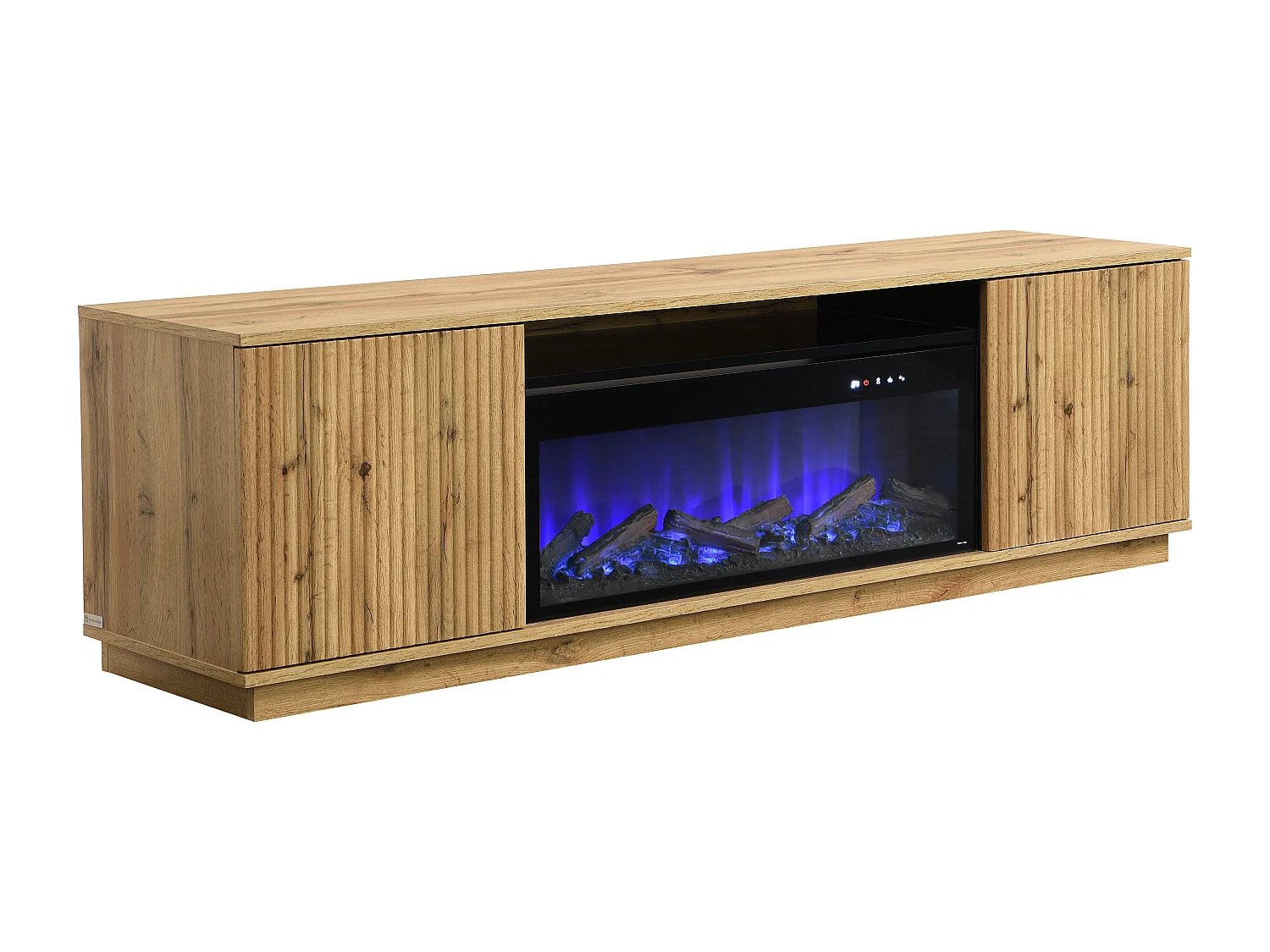 Tv-meubel met 2 deuren van mdf met schoorsteeneffect met ledverlichting - Naturel en zwart - YEVINA