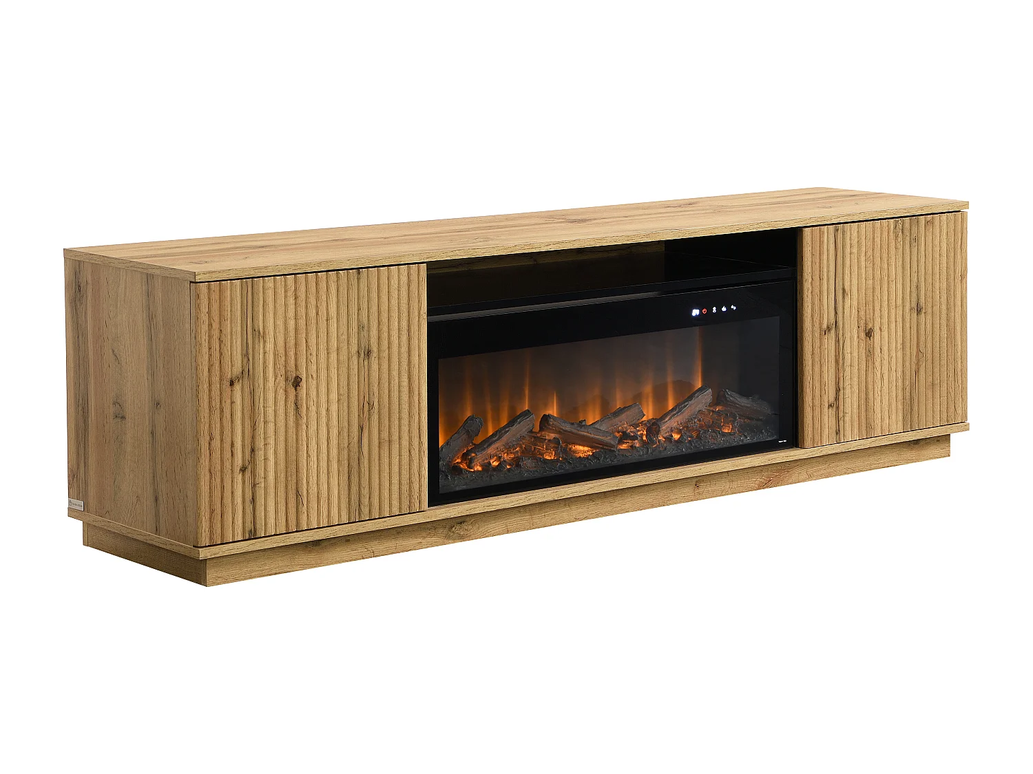 Tv-meubel met 2 deuren van mdf met schoorsteeneffect met ledverlichting - Naturel en zwart - YEVINA