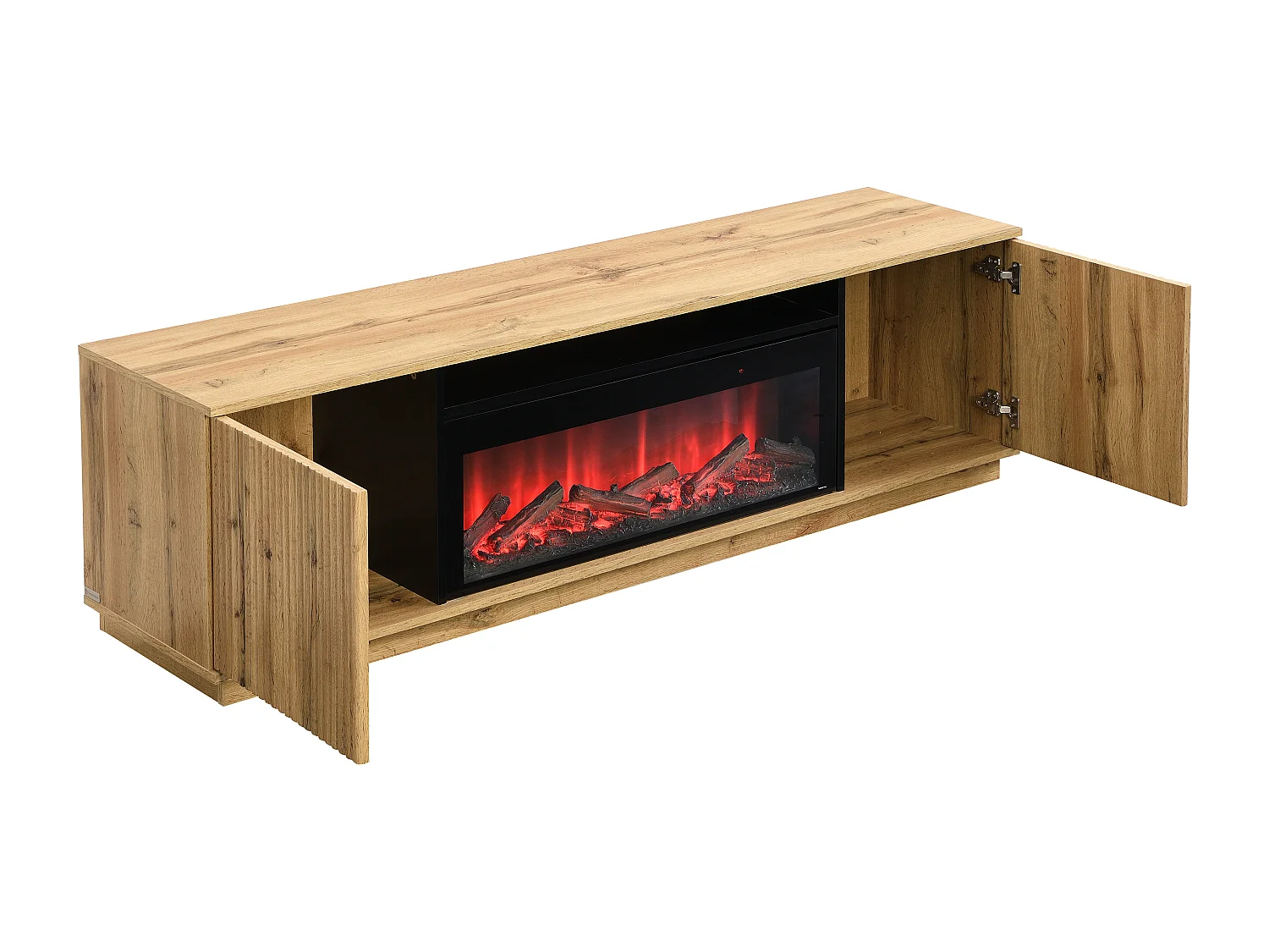 Tv-meubel met 2 deuren van mdf met schoorsteeneffect met ledverlichting - Naturel en zwart - YEVINA